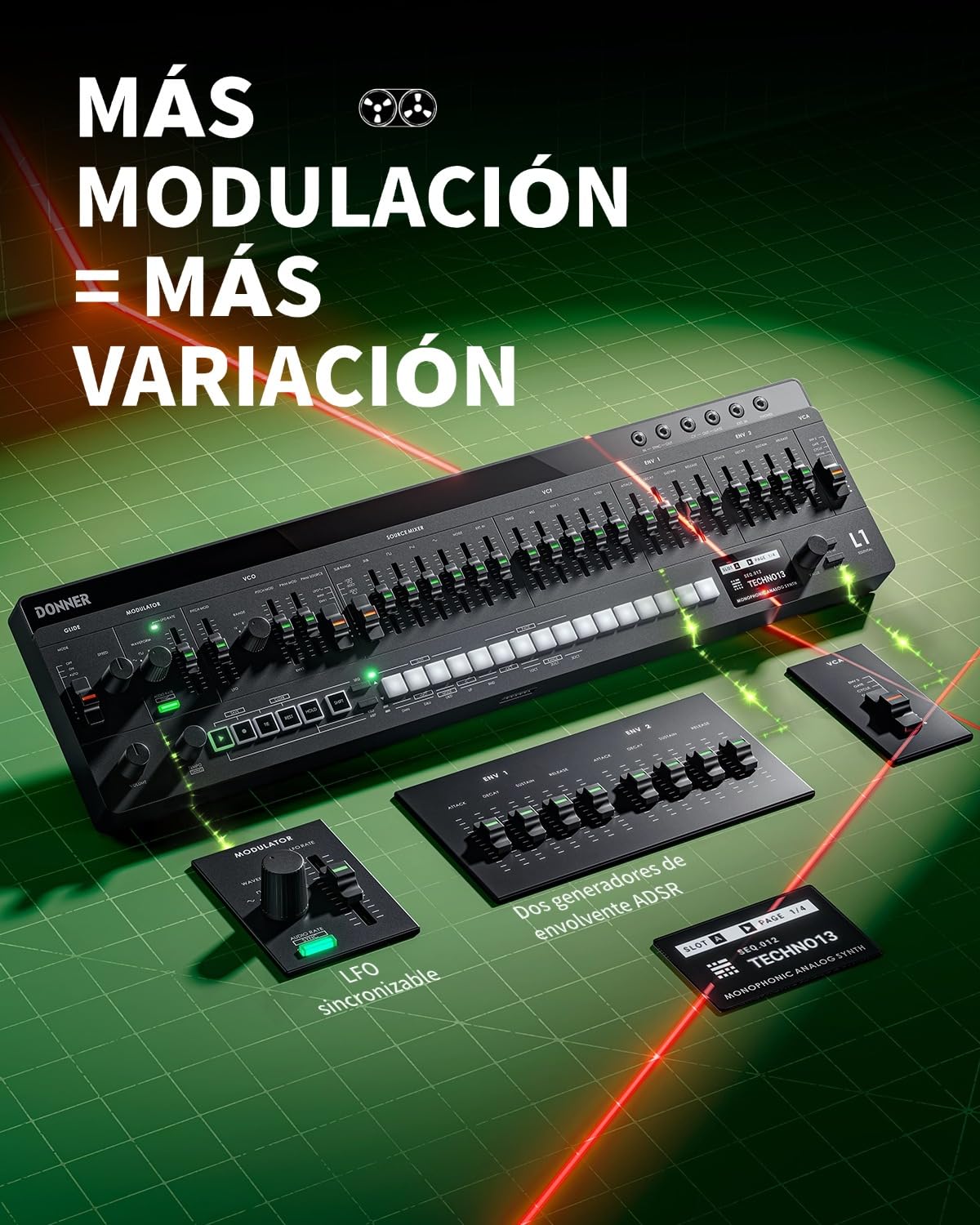 Donner ESSENTIAL L1 Sintetizador con Secuenciador de 64 Pasos, Sistema Modular Magnético S2C, Sintetizador Portátil con CV/GATE/SYNC I/O