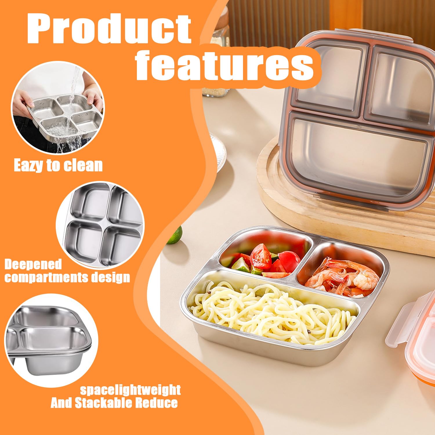 2 szt. lunchboxów z 4 przegródkami, 600 ml stal nierdzewna, szczelne bento boxy z pokrywką, wielokrotnego użytku, do szkoły, pracy i na camping