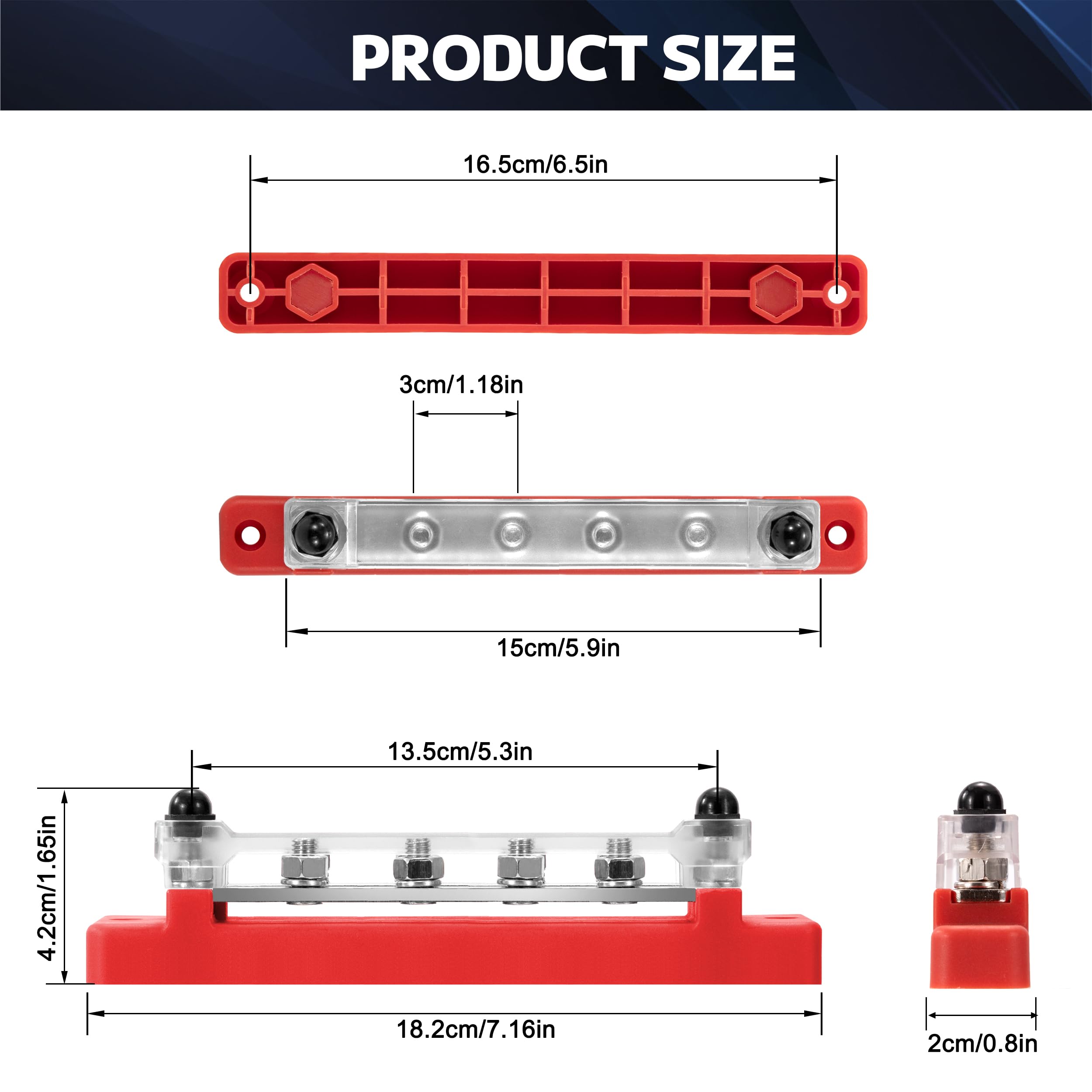 QIMEI-SHOP Blok dystrybucji zasilania 12 V-48 V DC Busbar 150A blok zacisków zasilania z terminalem śrubowym 6 x M6 do samochodu ciężarówki łodzi czerwony
