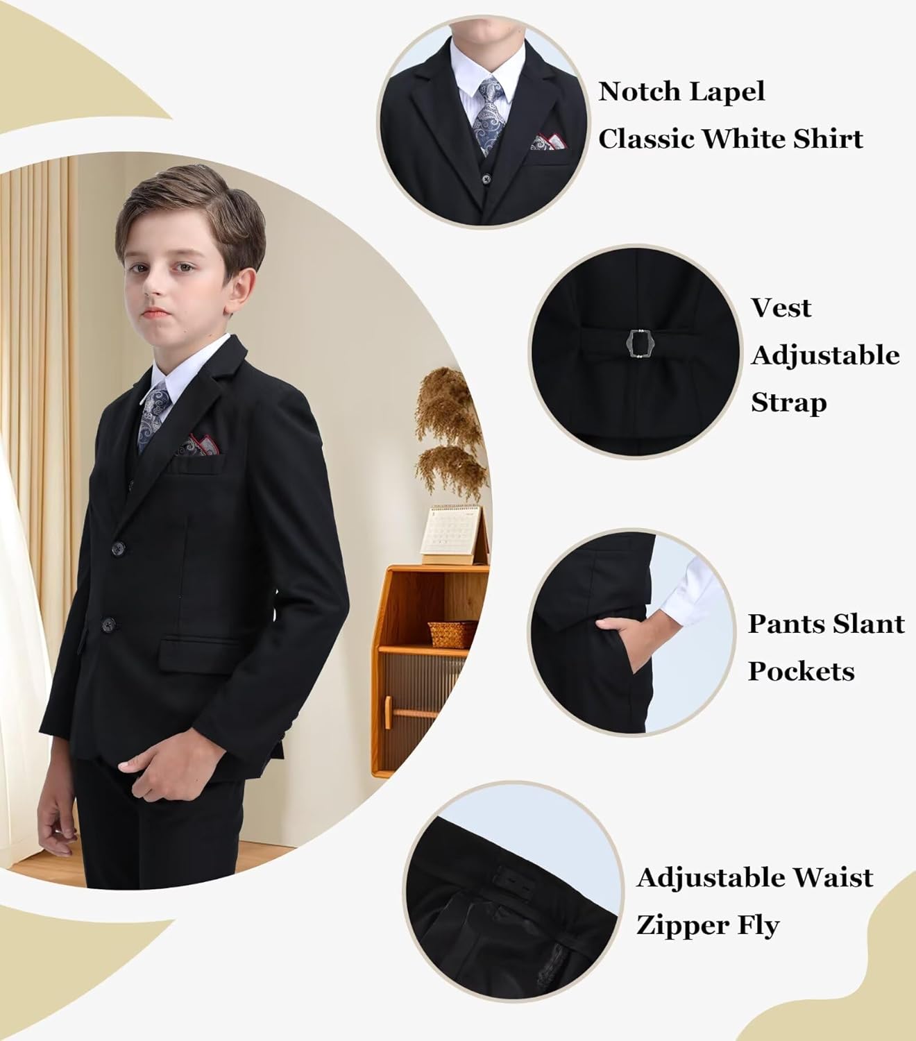 Boys Suit Kids Black Tuxedo Set Dress Blazer Vest Pants Formal Suit Set Toddler Communion Clothes Size 3