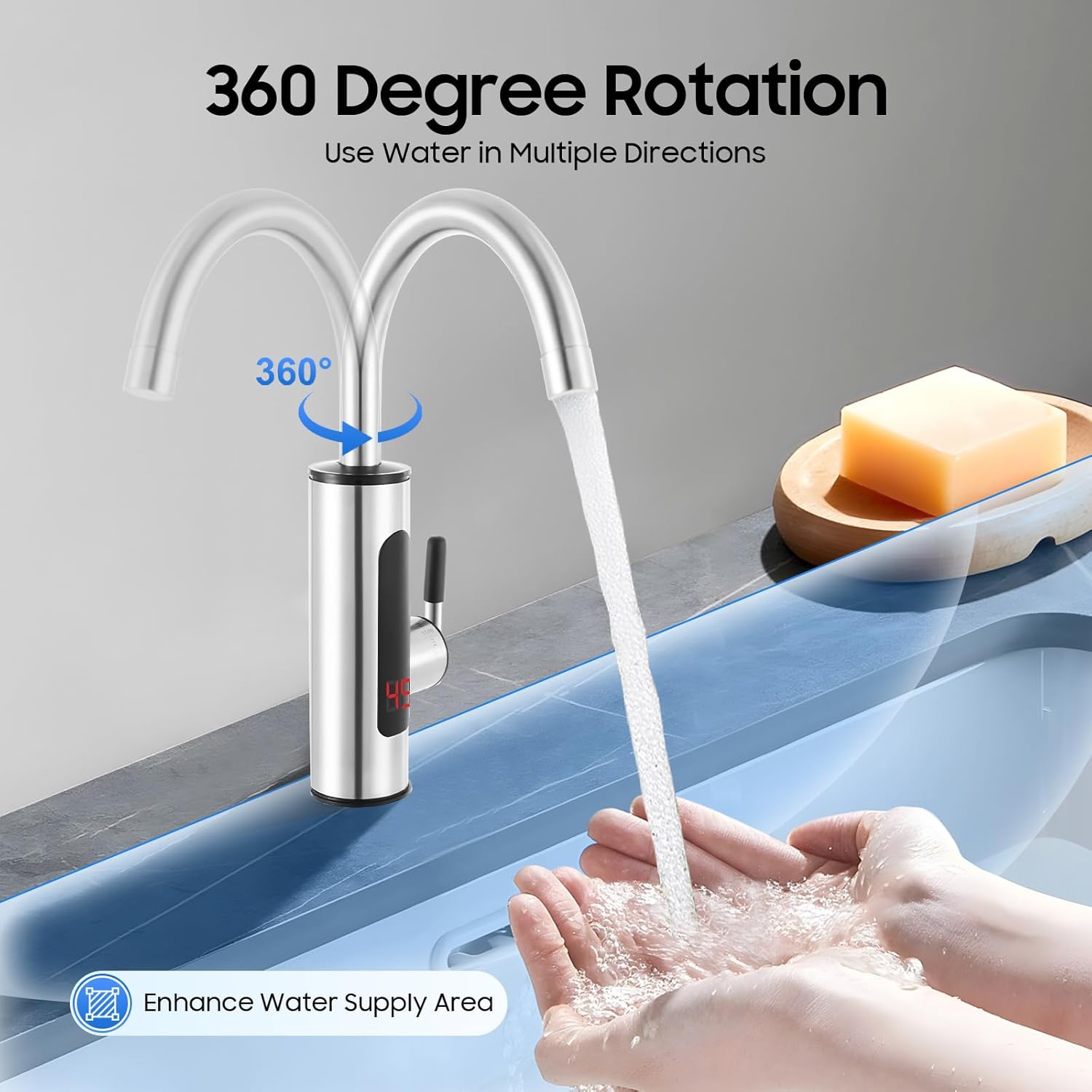 Electric Heating Faucet, 3000W 110V Instant Hot Water Faucet with LED Display, 360° Rotating Stainless Steel Touchless Kitchen Faucet, for Kitchen Bathroom RV