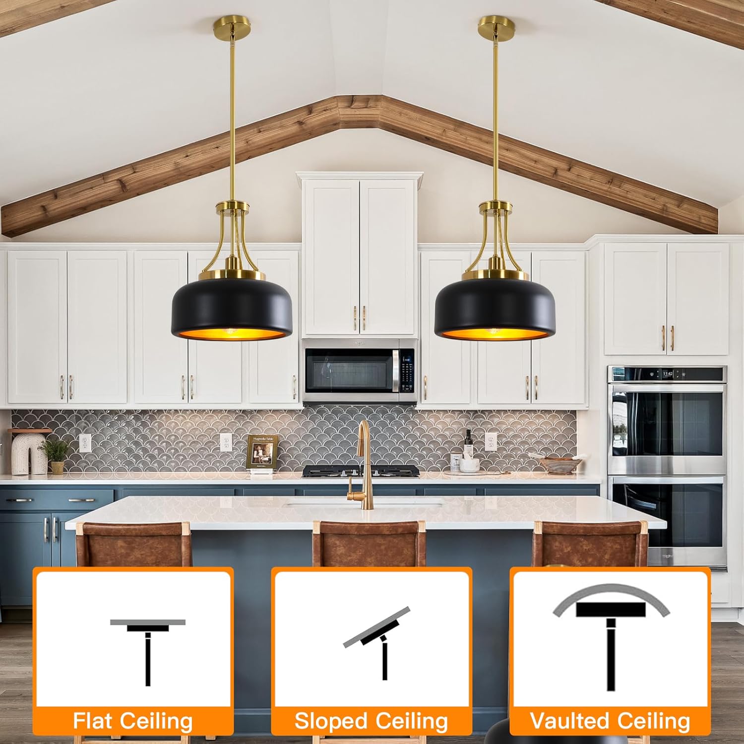 13.8 inch Nordic Industrial Style Black Gold Pendant Light with Adjustable Height for Kitchen Island/Dining/Living Room Retro Lighting fixtures