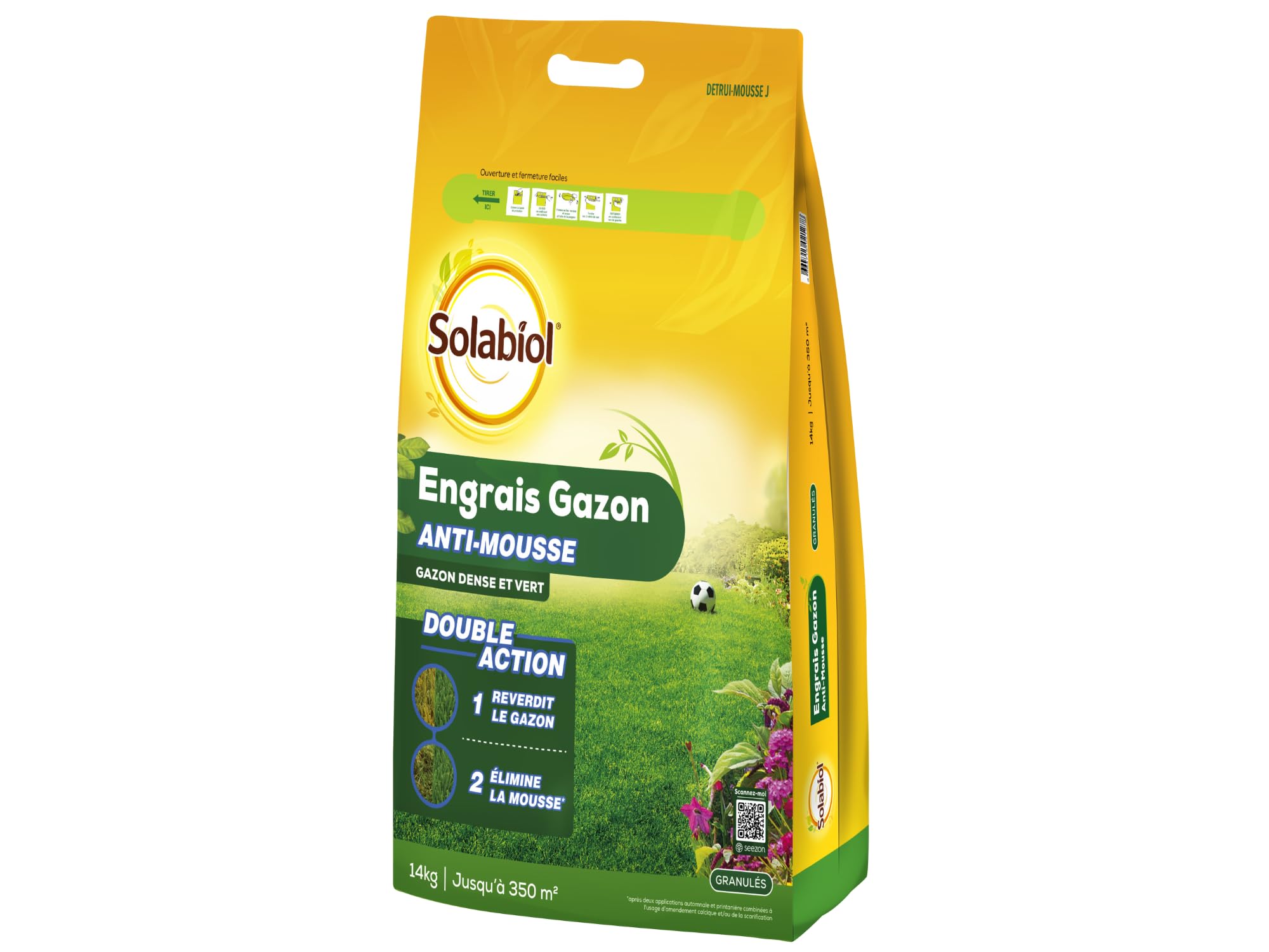 SOLABIOL Engrais Gazon 14 Kg Double Action 350m² Granulés Anti-Mousse