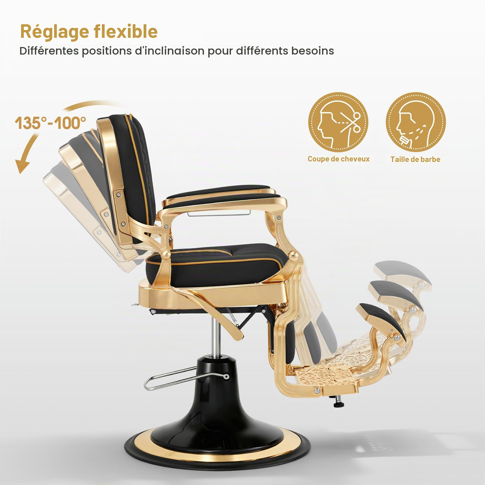 Barberpub Fauteuil de Coiffeur avec Appui-tête inclinable, équipement de Salon avec Pompe hydraulique, Rotation 360°, réglable en Hauteur, Style Vintage, Similicuir, réf. 2965 (Or-Noir)
