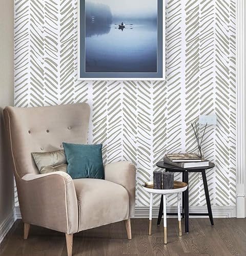 Miniatura 6 de Guvana Papel tapiz beige y blanco de 17.7 x 472 pulgadas, papel tapiz a rayas para despegar y pegar, papel tapiz de línea de contacto, papel de