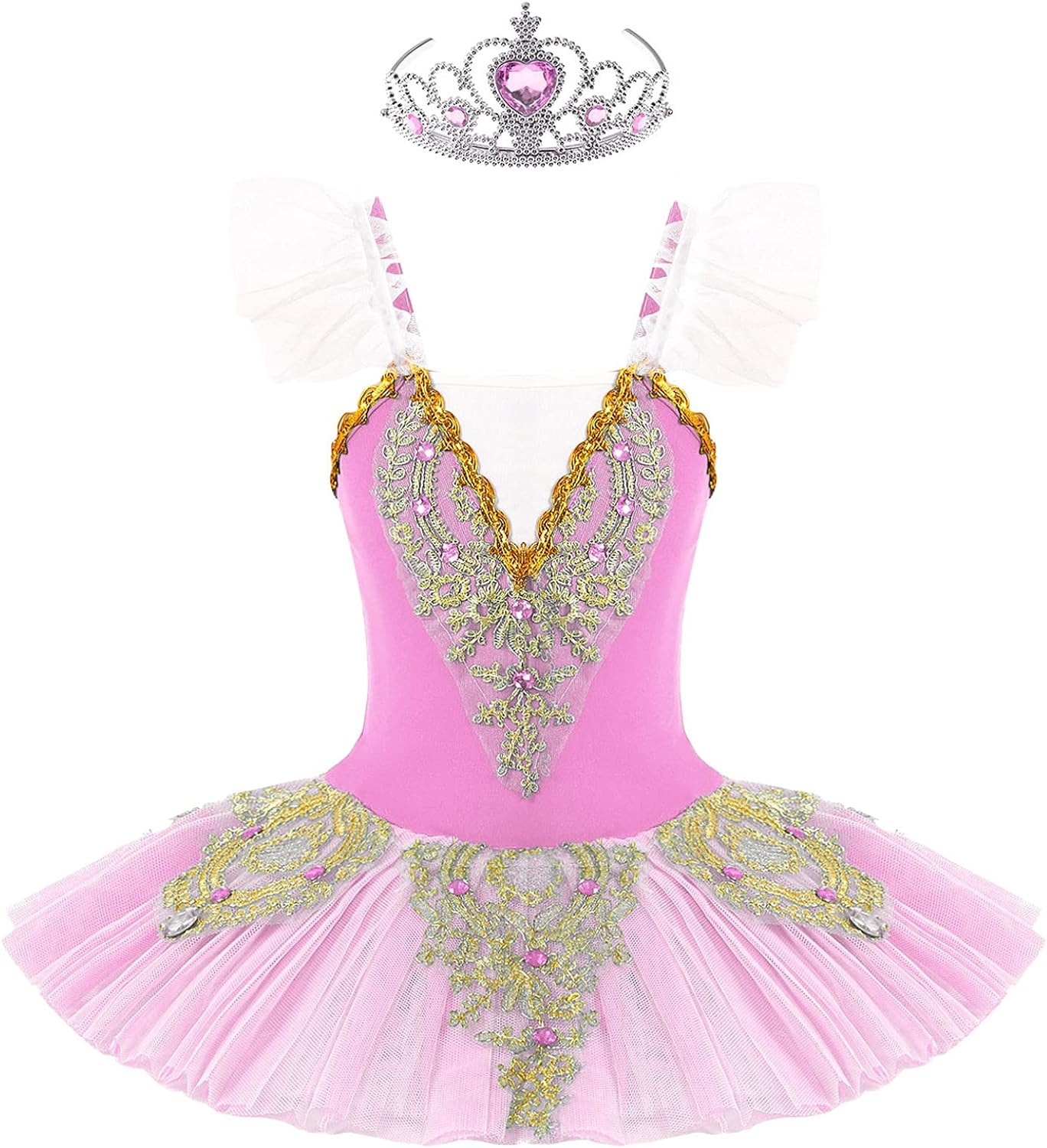 Girls Ballet Dance Dress Sparkle Lace Swan Lake Tutu Princess Ballerina Camisole Skirted Leotard with Crown