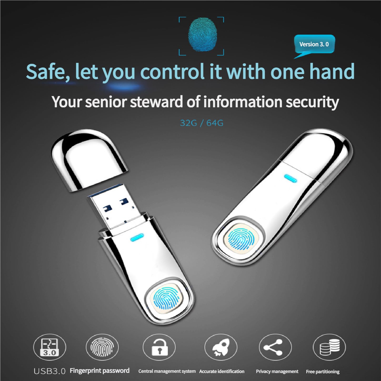 Chiavetta USB crittografata con sblocco Tramite Impronta Digitale, Fino a 100 MB/s in lettura/45 MB/s in Scrittura, 6 ID di Impronte digitali consentiti 32G