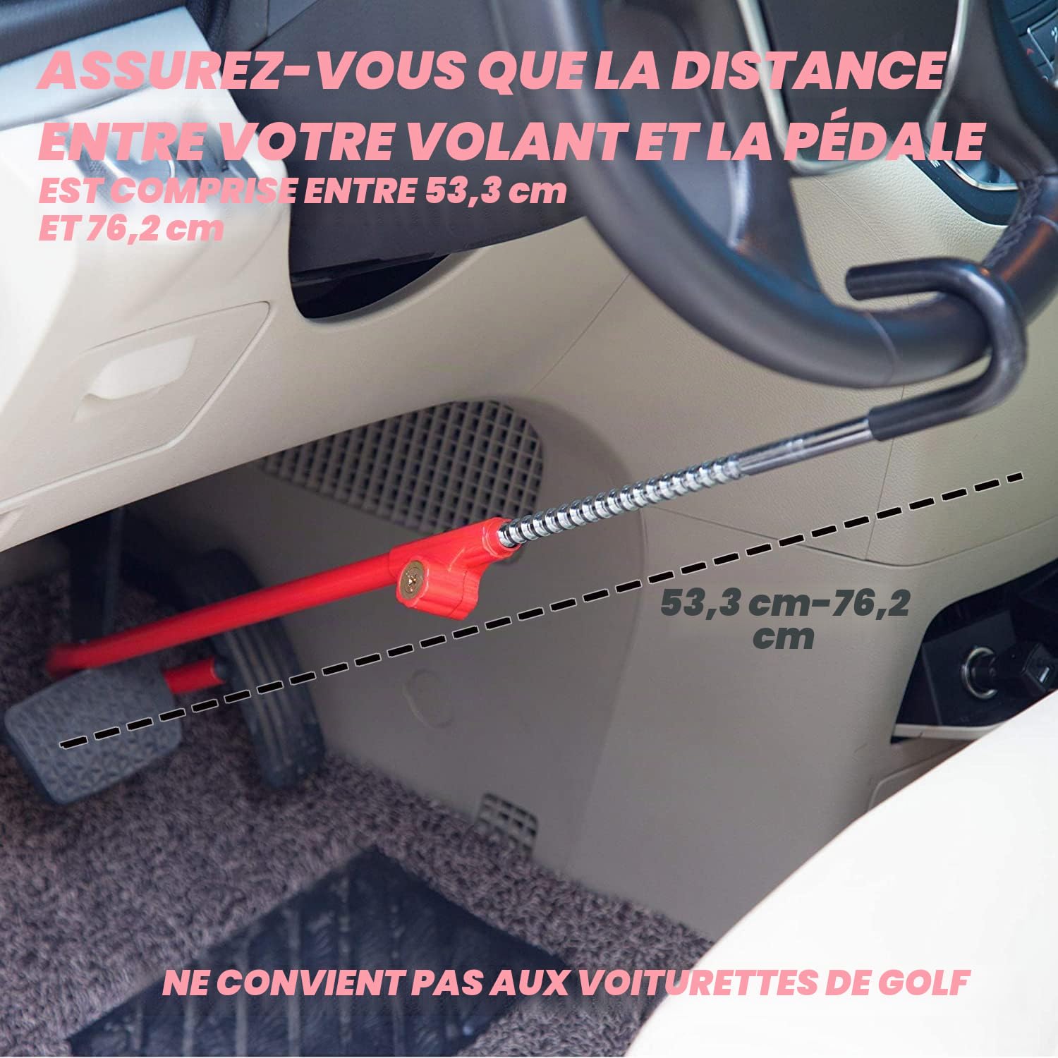 CARTMAN Verrouillage de frein de volant pour véhicule, antivol, verrouillage de pédale de frein de sécurité avec longueur réglable, ajustement pour la distance entre le volant et la pédale de 21 à 30