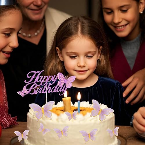 Miniatura 2 de ALISSAR Juego de decoración de pastel de cumpleaños morado con purpurina, decoración de pastel de mariposa y 16 piezas de decoración de cupcakes de