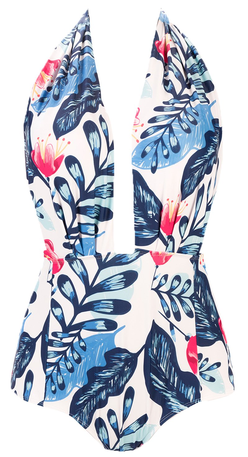 Women's One Piece Backless Retro Swimsuit Deep Plunge High Waisted Bathing Suits Swimwear