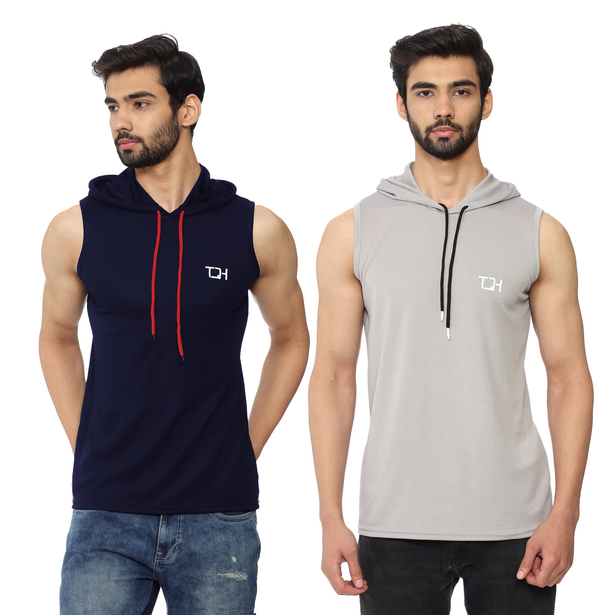tqh TQH-Men's Slim Fit Solid Sleeveless Hoodie Neck Black Tshirt-picture-31