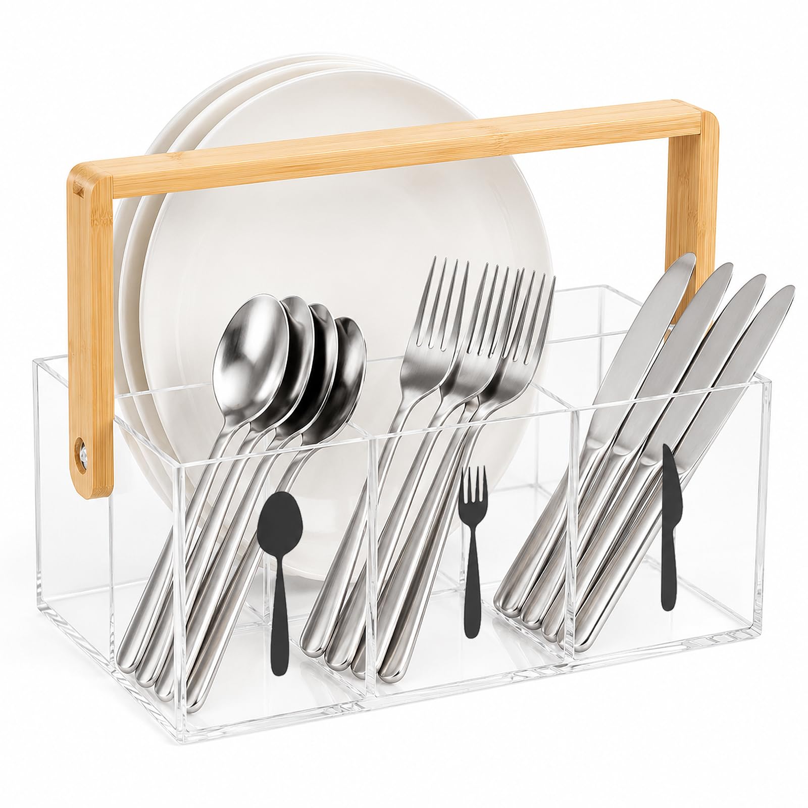Küchen-Organizer Tischbutler, Besteck- & Teller-Aufbewahrungsbox, 4 Fächer, Acryl-Gehäuse und Bambus-Tragegriff, für Küche, Restaurant, Camping & Outdoor-Party