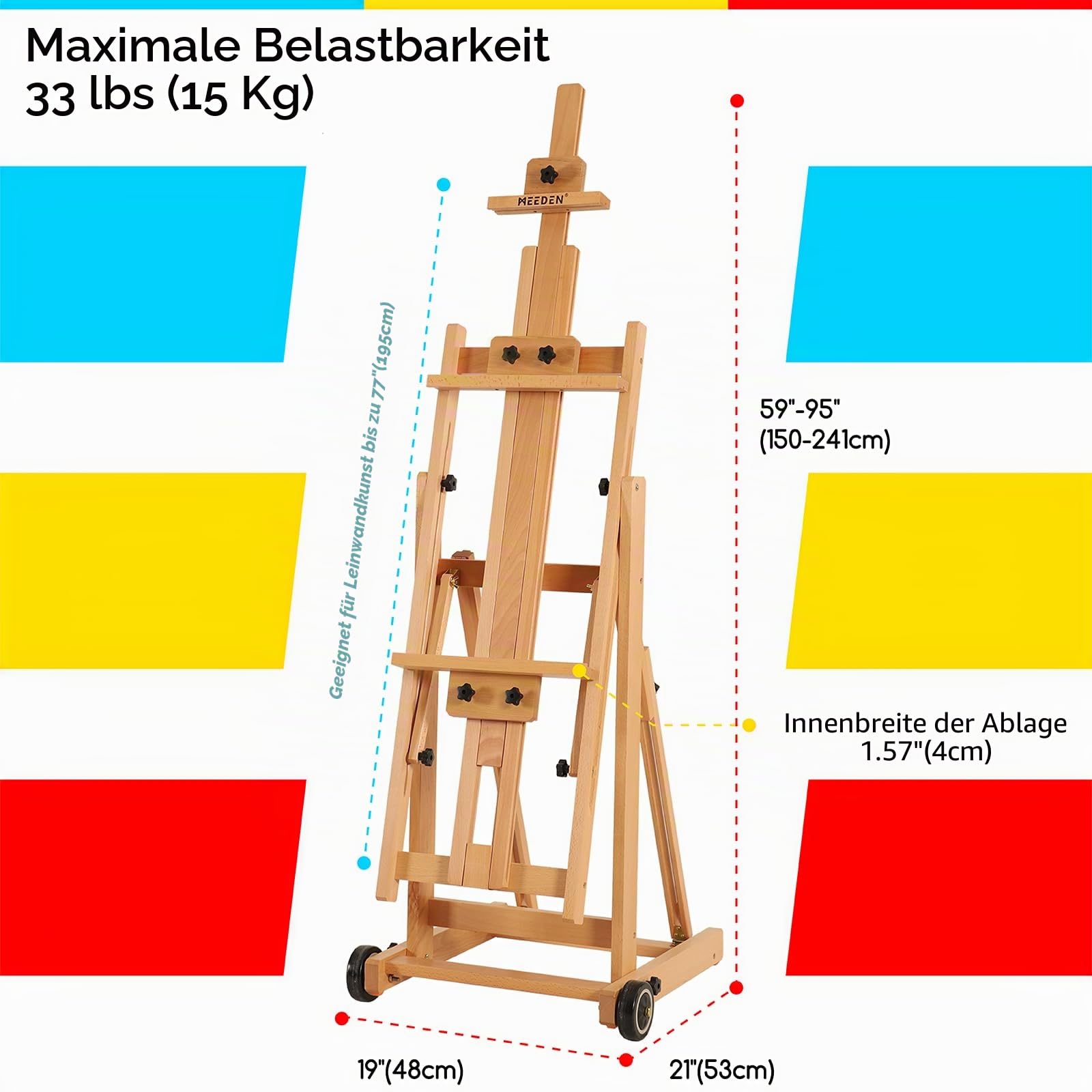 MEEDEN Vielseitige Studio Staffelei mit H-Rahmen - Alle Medien verstellbare Staffelei aus Buchenholz,Malstaffelei Ständer,Beweglich und Neigbar,Flach Erhältlich,Hält Leinwandkunst bis 196 cm (77 Zoll)