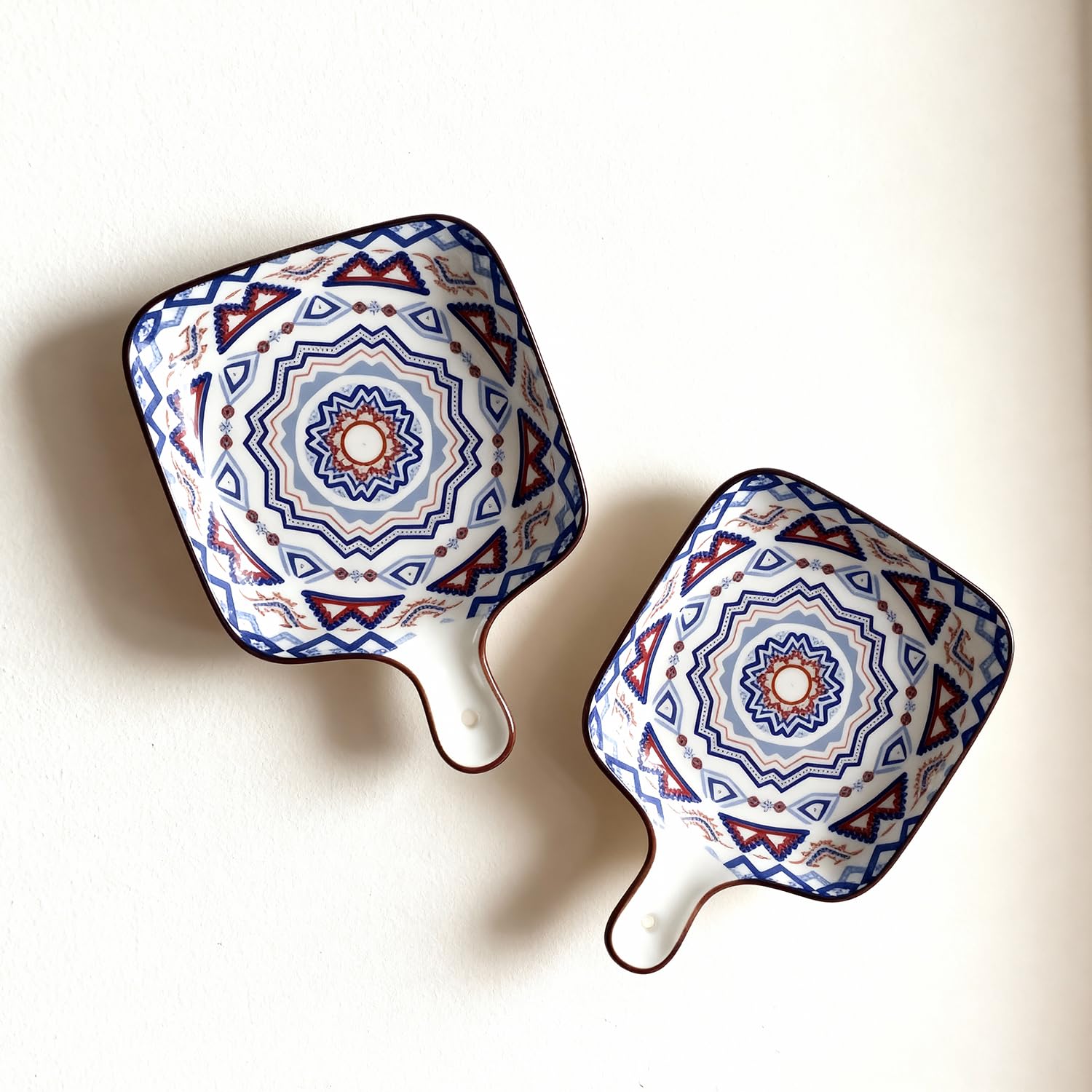 Amazon Basics Set of 2 Mandala Ceramic Snack Plates (White & Blue) - Square Dessert Plates with Handle for Baking and Serving Desserts, Snacks & Appetizers | Microwave Safe (9 Inch Each)-image-0