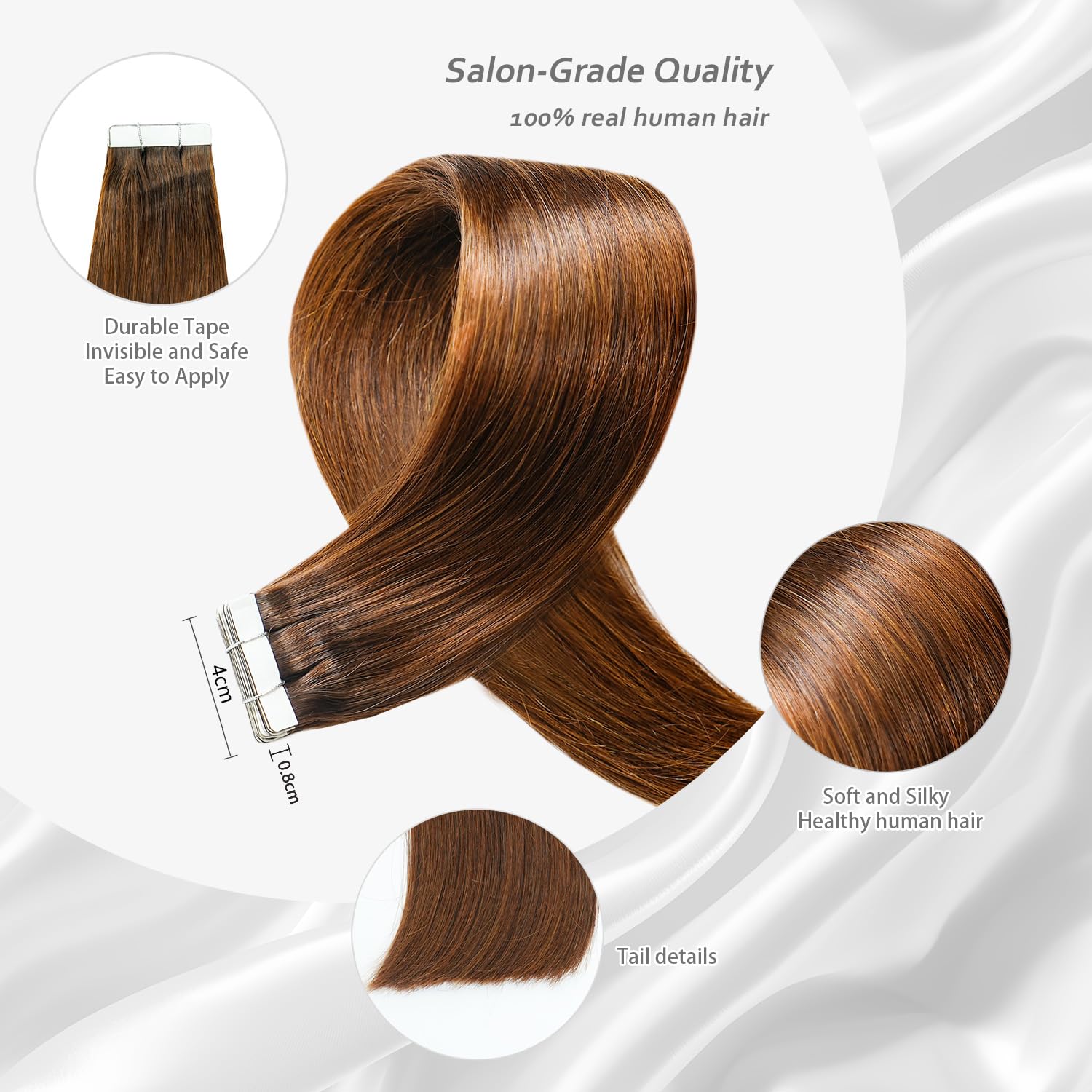 Qingliang Tape-in Hair Extensions Human Hair Remy Human Hair Medium Brown 22 inch 20Pcs Straight Seamless Skin Weft - Image 2