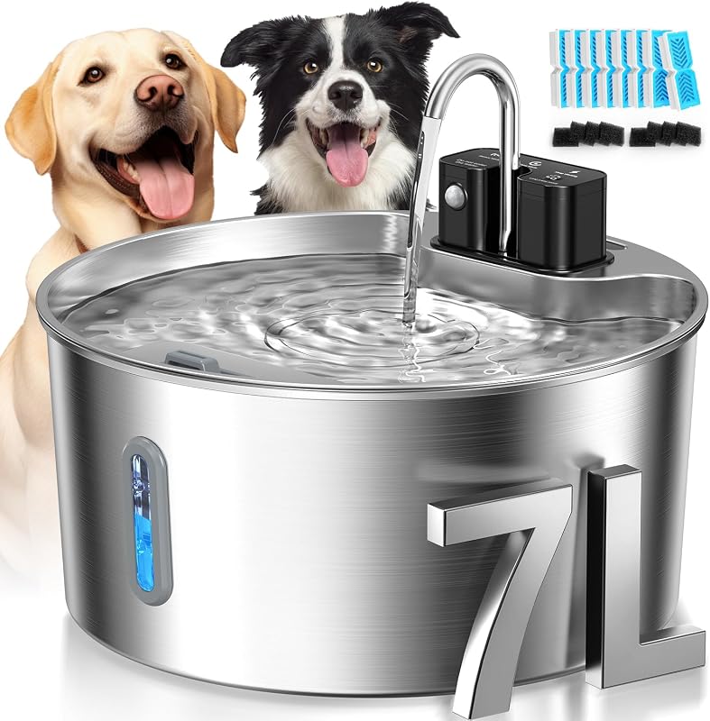 Fonte de Água para Cães Voluas sem Fio, 7 L, Aço Inoxidável, com 6 Filtros