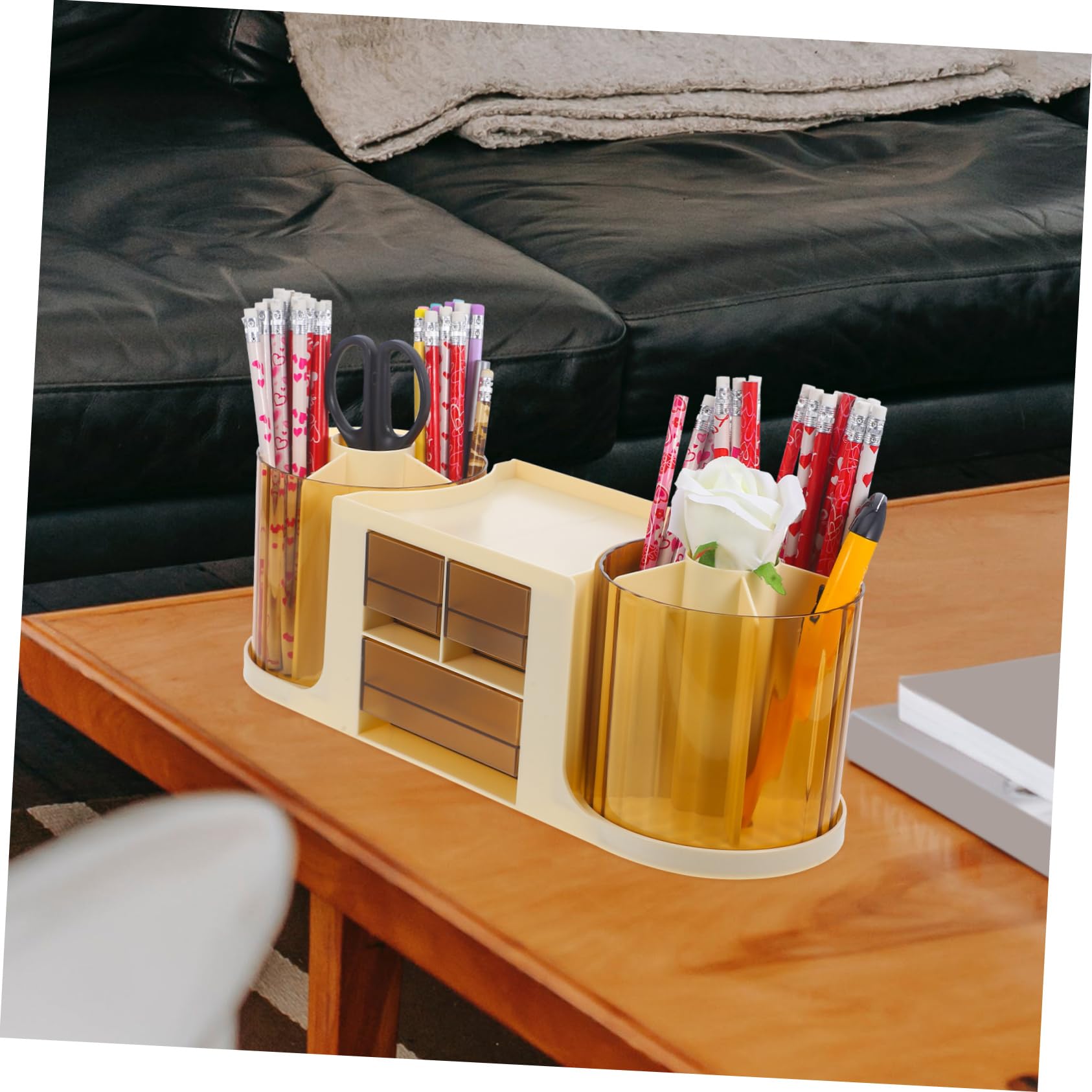 Schreibtisch Organizer aus Ps 2-fach Drehbarer Stiftehalter in Beige Praktische Ablage für Schreibtisch und Büro Einfache Montage