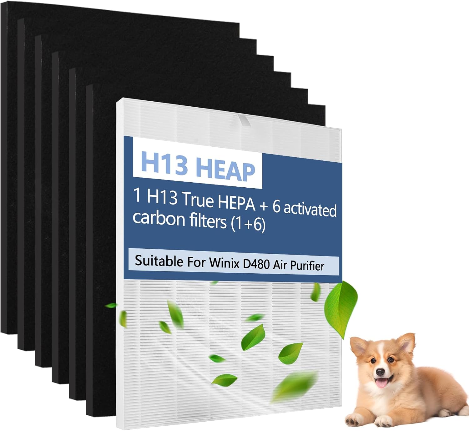D480 Replacement Filter D4, Suitable for Winix D480 Air Purifier, Part Number 1712-0100-00, H13 True HEPA Replacement Filter for Dust, Pet Dander, Smoke & Odors(1 True HEPA + 6 Carbon Filters)