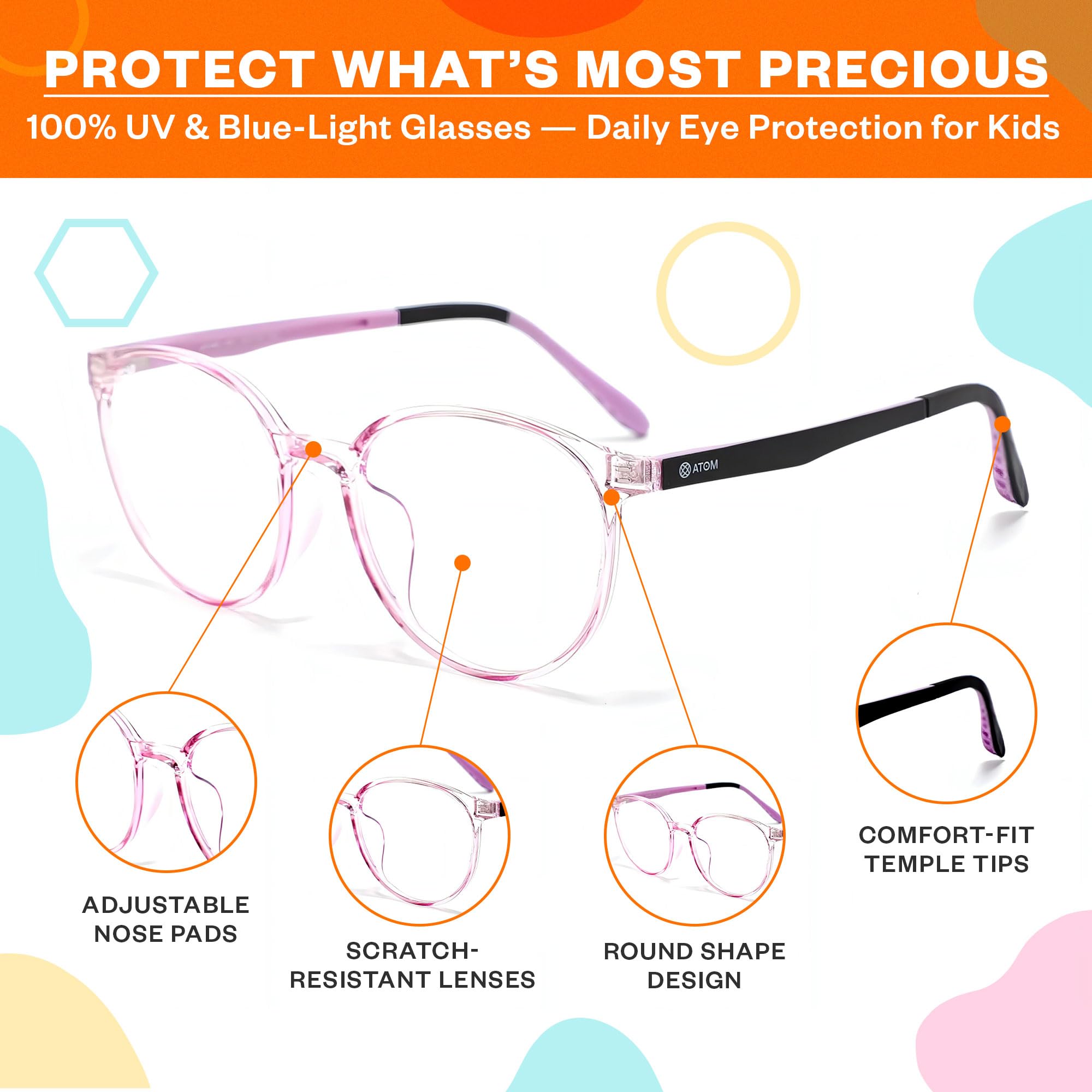 ATOM Gafas de bloqueo de luz azul para niños de 5 a 12 años | Gafas de montura para niños y niñas