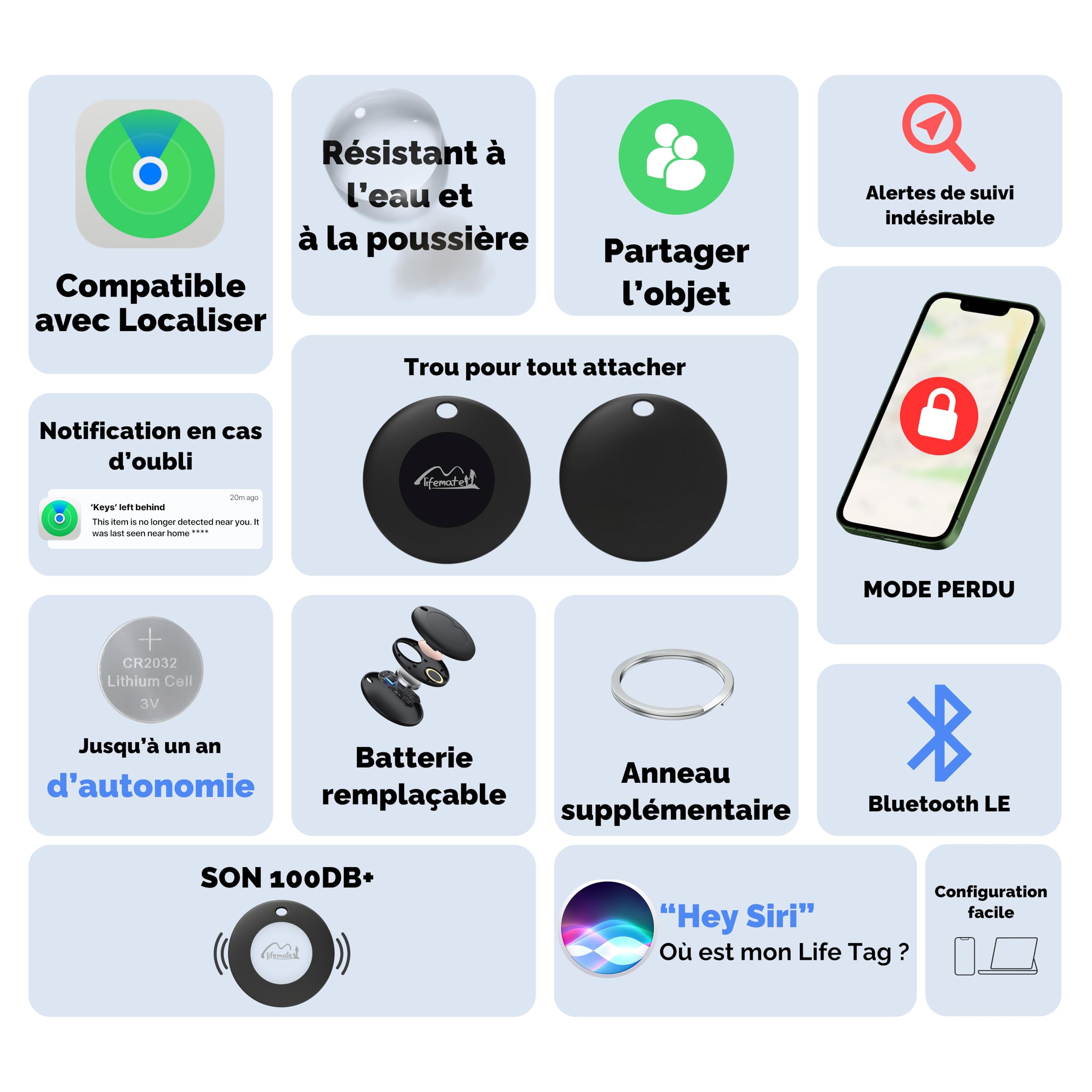 Lifemate Life Tag 6-Pack – Traceur Bluetooth Compatible Apple iOS “Localiser”, Traceur GPS Étanche IP67, Longue Autonomie, Alternative Apple Airtag for Children, pour Clés, Sacs, Valises