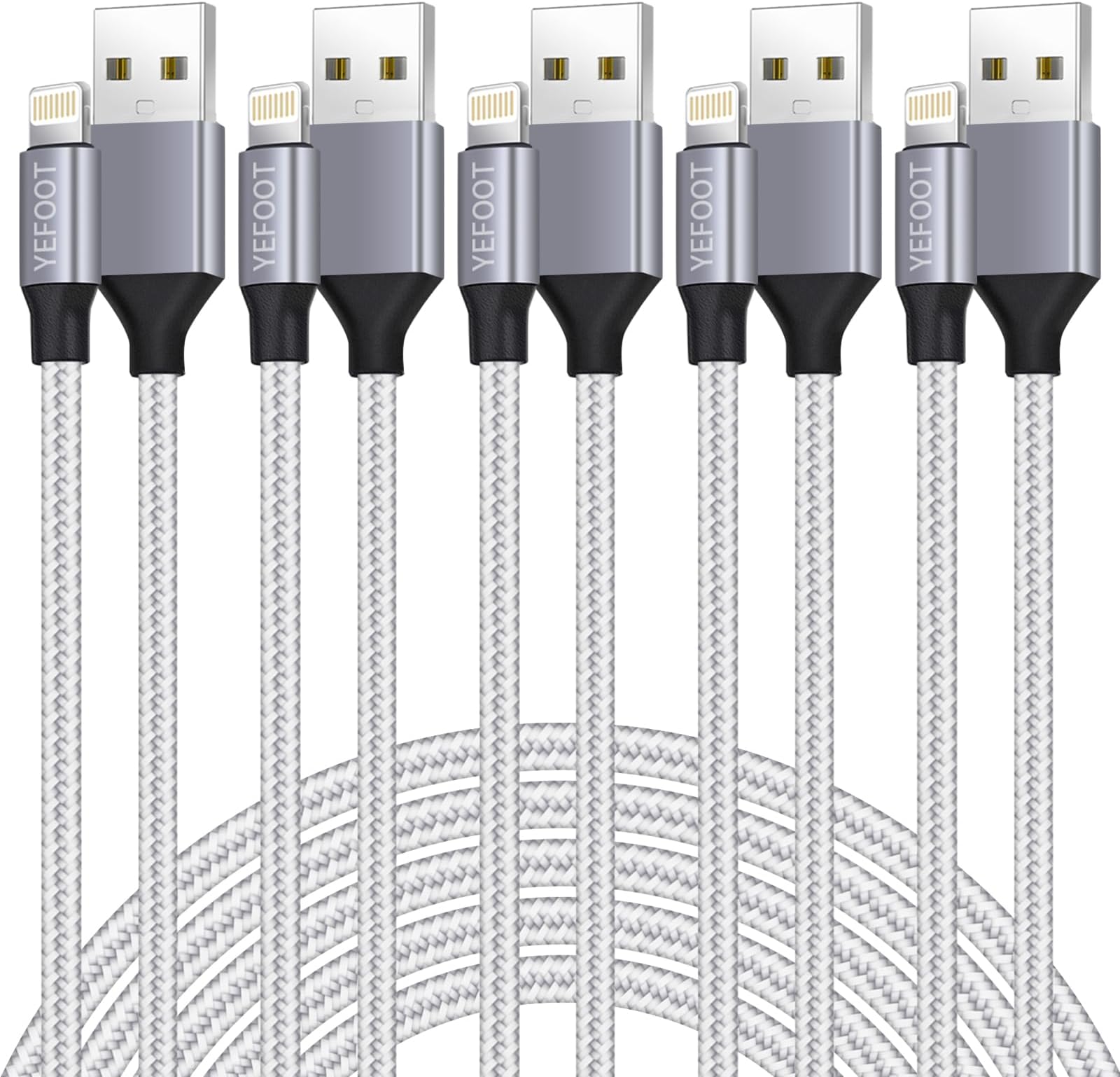 [Apple MFi Certified] 6Pack(3/3/6/6/6/10FT) iPhone Charger Nylon Braided Fast Charging Lightning Cable Compatible iPhone 14Pro/14/13Pro/13/12Pro/12/11and More-Silver&White