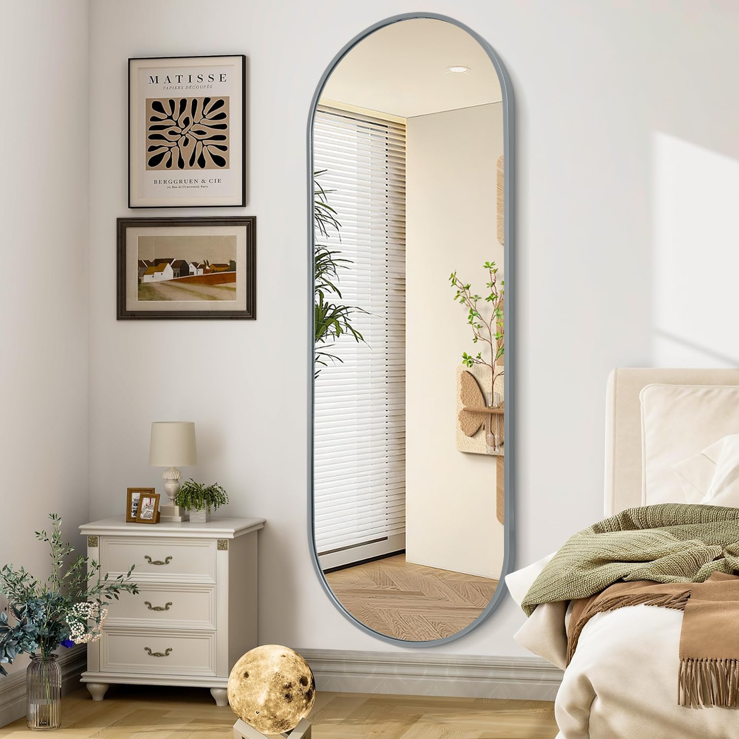 JJUUYOU Oval Full Length Bathroom Mirror 120x60 cm Wall Mounted Mirrors Vanity Metal Frame Mirror Aluminum Alloy Frame Mirrors for Bedroom Entryway Living Room,Grey