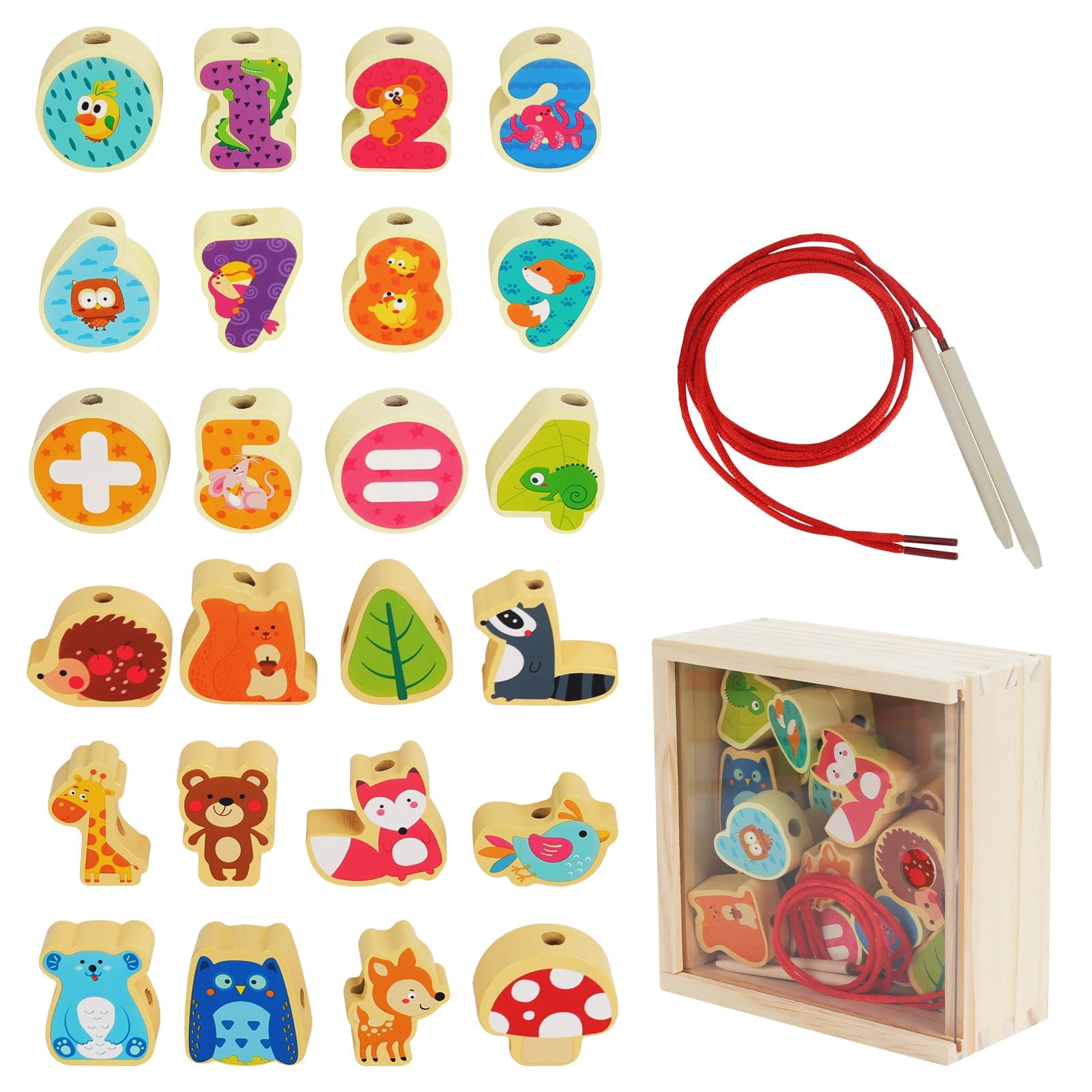 AISHUN Lacing Beads Set, Toddler Activity Threading Toys, 24 Animal Number Beads with 2 Laces, Wooden Storage Box, Educational Fine Motor Skills Toy for Toddlers 3+ Years Old, Preschool Learning Toys