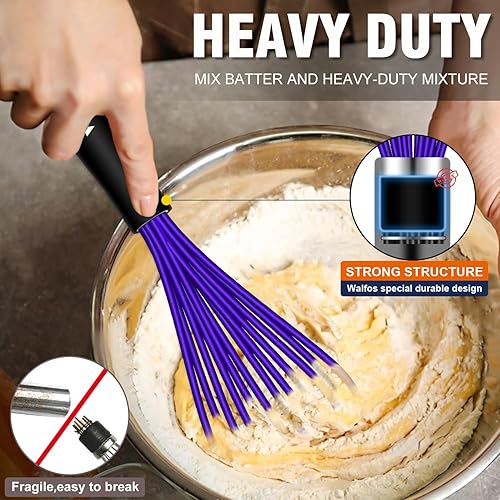 Miniatura 3 de Walfos Batidor de silicona, resistente al calor, para cocinar y hornear, juego de 3 batidores con revestimiento de goma azul antiarañazos para