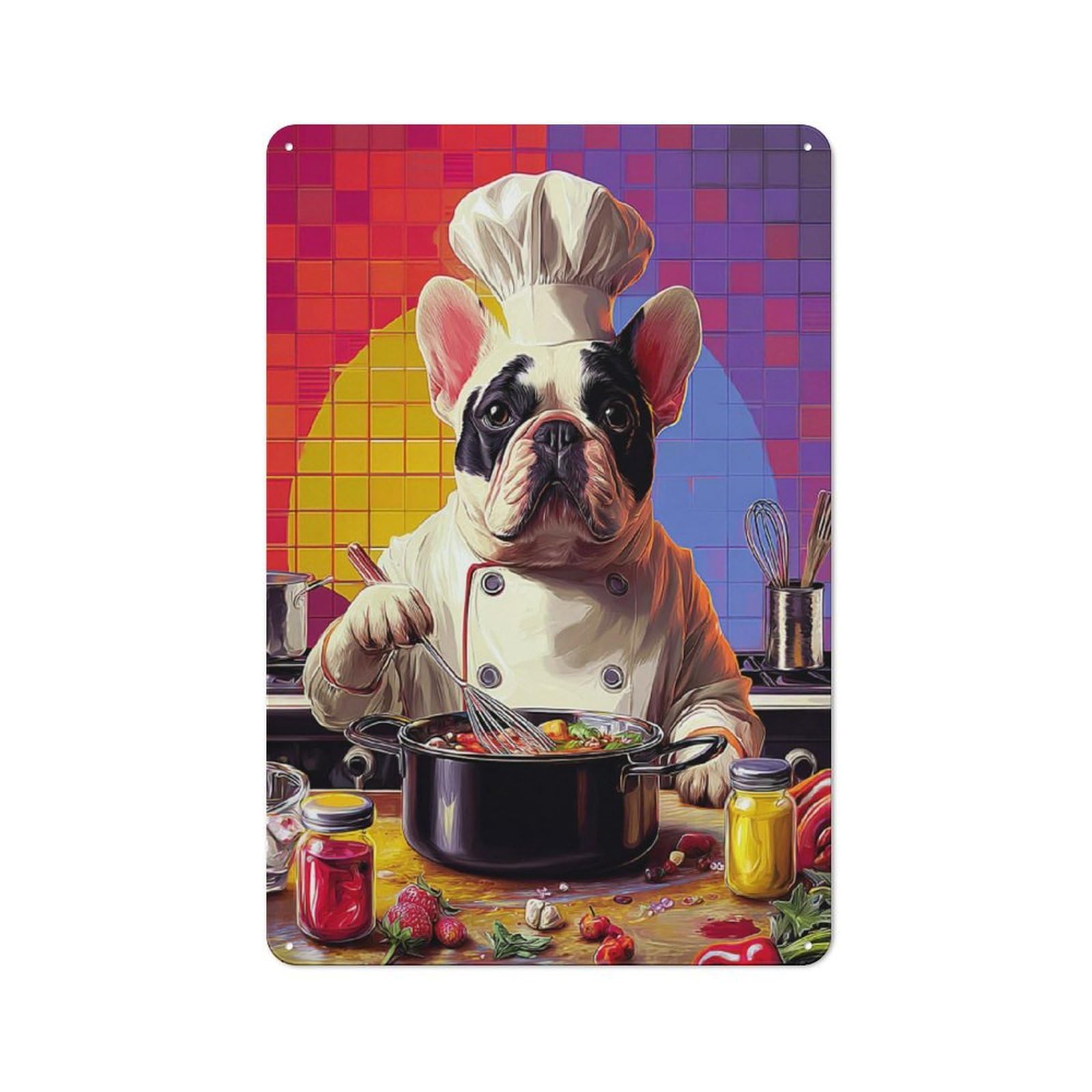 Junmoney Bulldog Chef Cooking -3 Metal Wall Plaque With Design 30X20cm, Old Fashioned Vintage Wall Decor For Living Room, Hallway, Kitchen Or Cafe