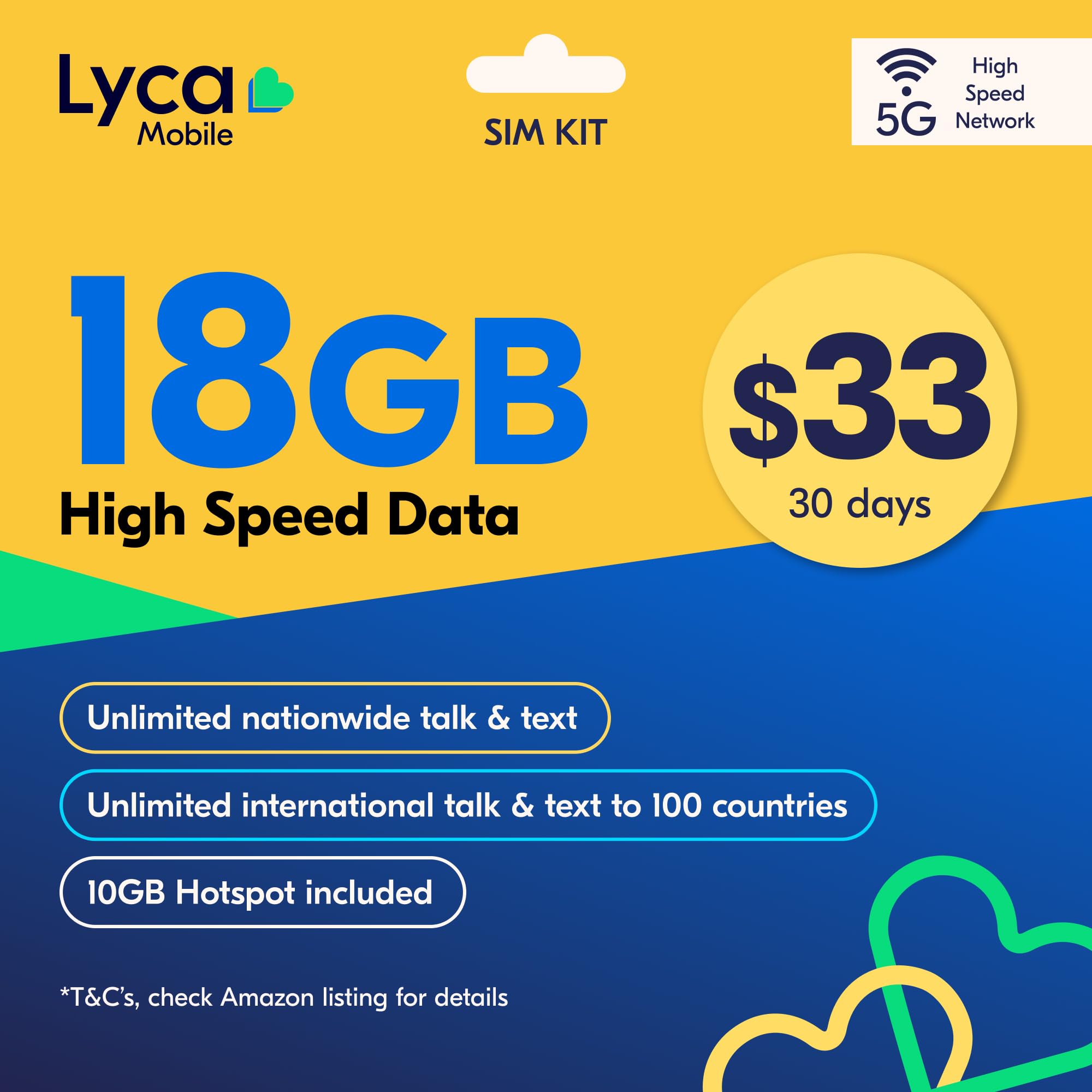 Lyca Mobile USA Prepaid 5G/4G SIM Card | $33 Plan | Unlimited Talk, Text &amp; Data | 18GB High Speed Data (10GB Hotspot) | 30 Days