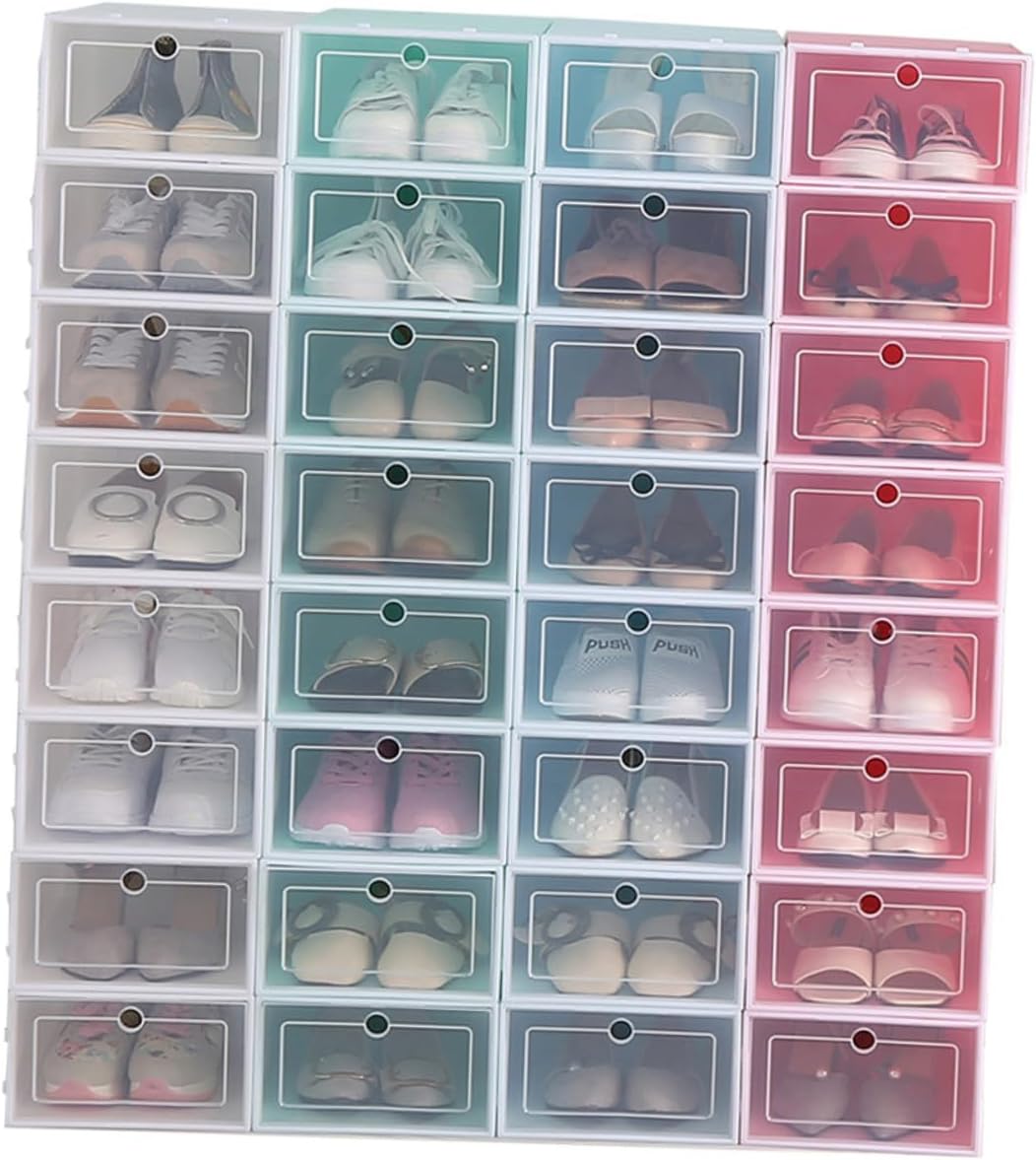 6PCS Transparent Stackable Shoes Storage Boxes Thickened Plastic Shoe Containers Blue for Closet Organizer Space Saving Storage Bins with Doors