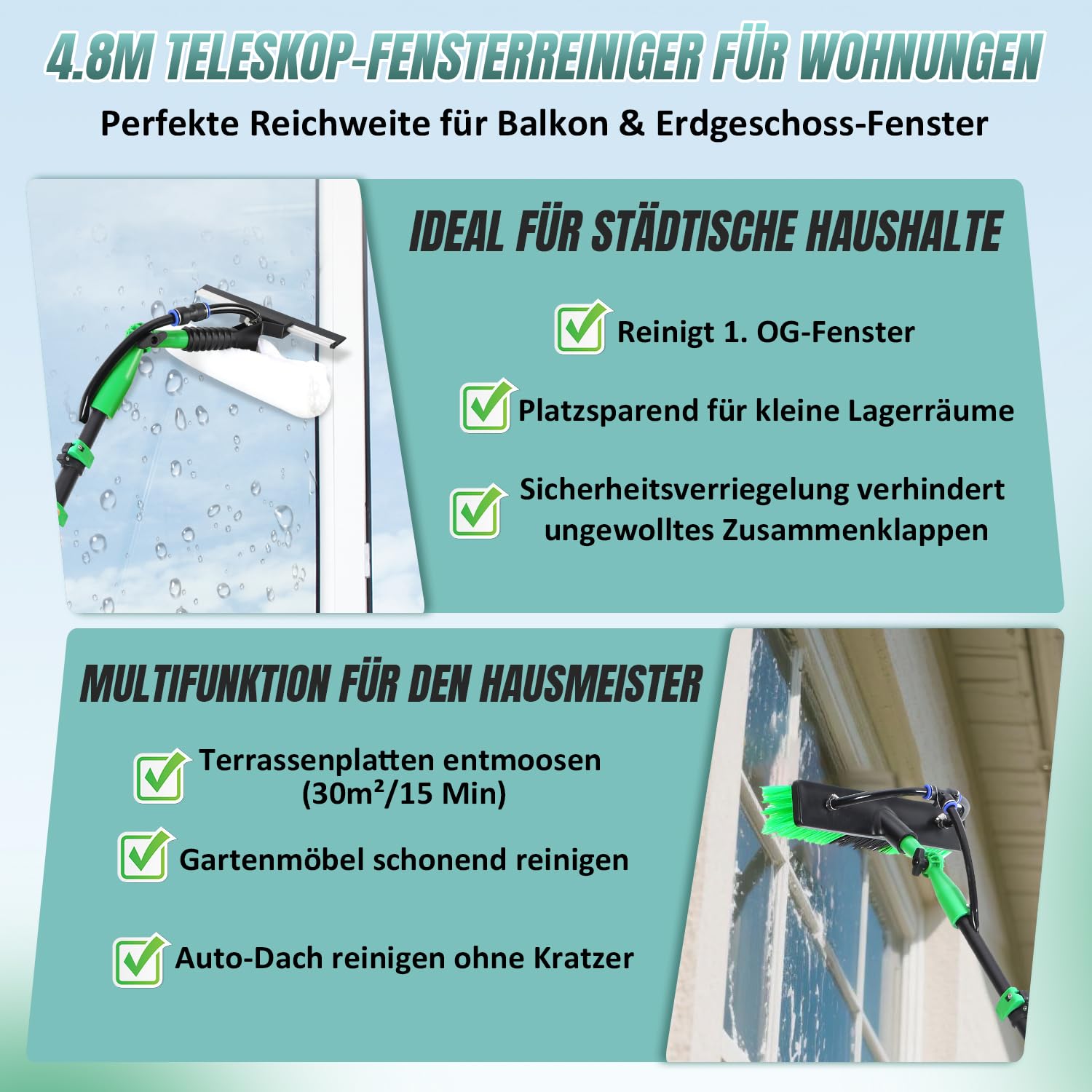 Teleskop Waschbürste, 4.8m Waschbürste mit Teleskopstiel, Aluminium Teleskopbürste mit Wasseranschluss,Terrassendach & mit Weiche Borsten,Hochdruckadapter & 10-in-1 Zubehör