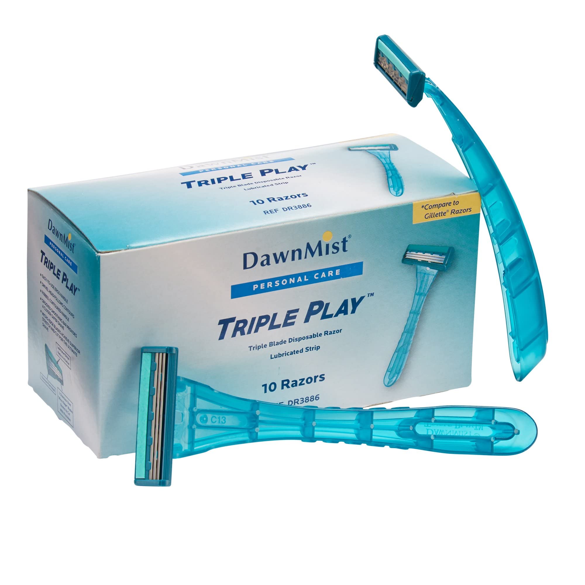 dukal duk dr3886 dawnmist triple play razor, 3 micro edge blades, lubricating strip, pivoting head, teal, clear plastic guard (pack of 500)