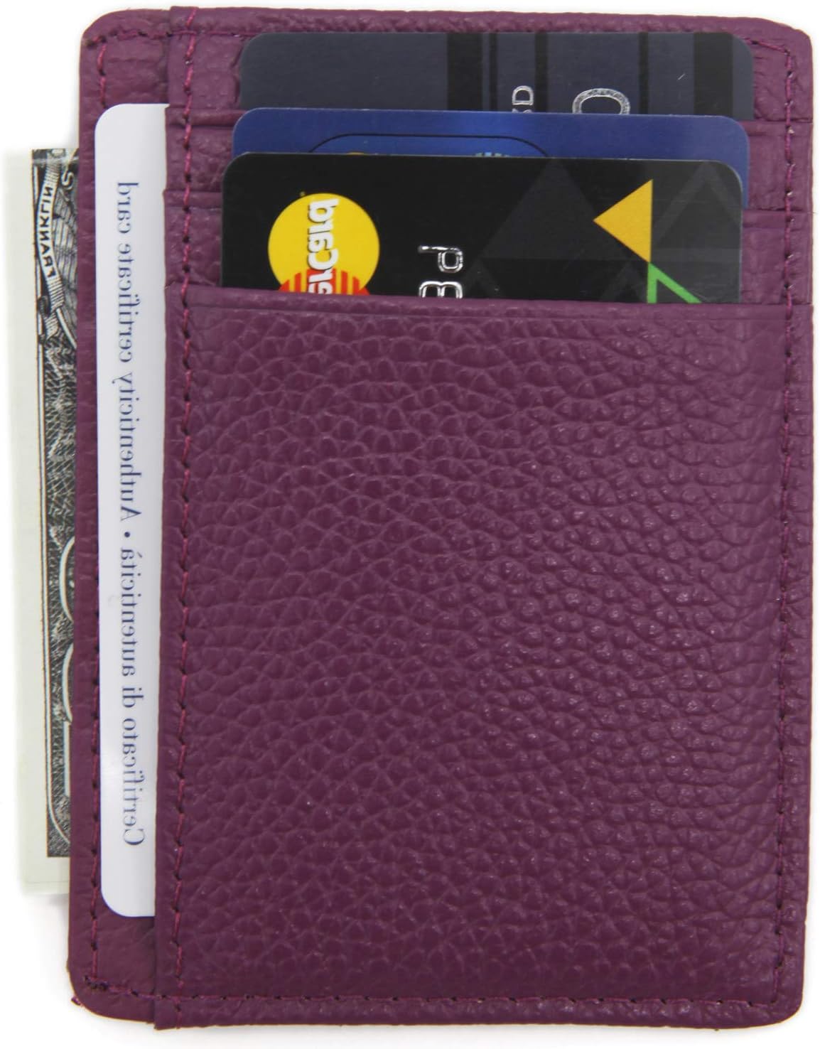 DEEZOMO RFID Blocking Genuine Leather Credit Card Holder Front Pocket Wallet With ID Card Window - Purple
