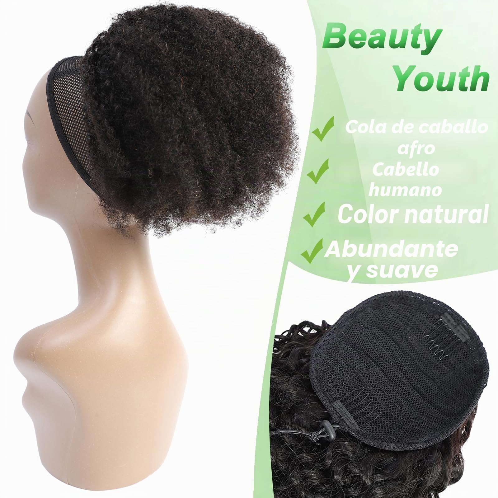 Coleta afro Puff con cordón para mujeres negras, densidad del 150%, cabello humano virgen brasileño 10A, 4C, afro rizado, extensiones de cabello humano con clip, 120 g, color natural, 25,4 cm