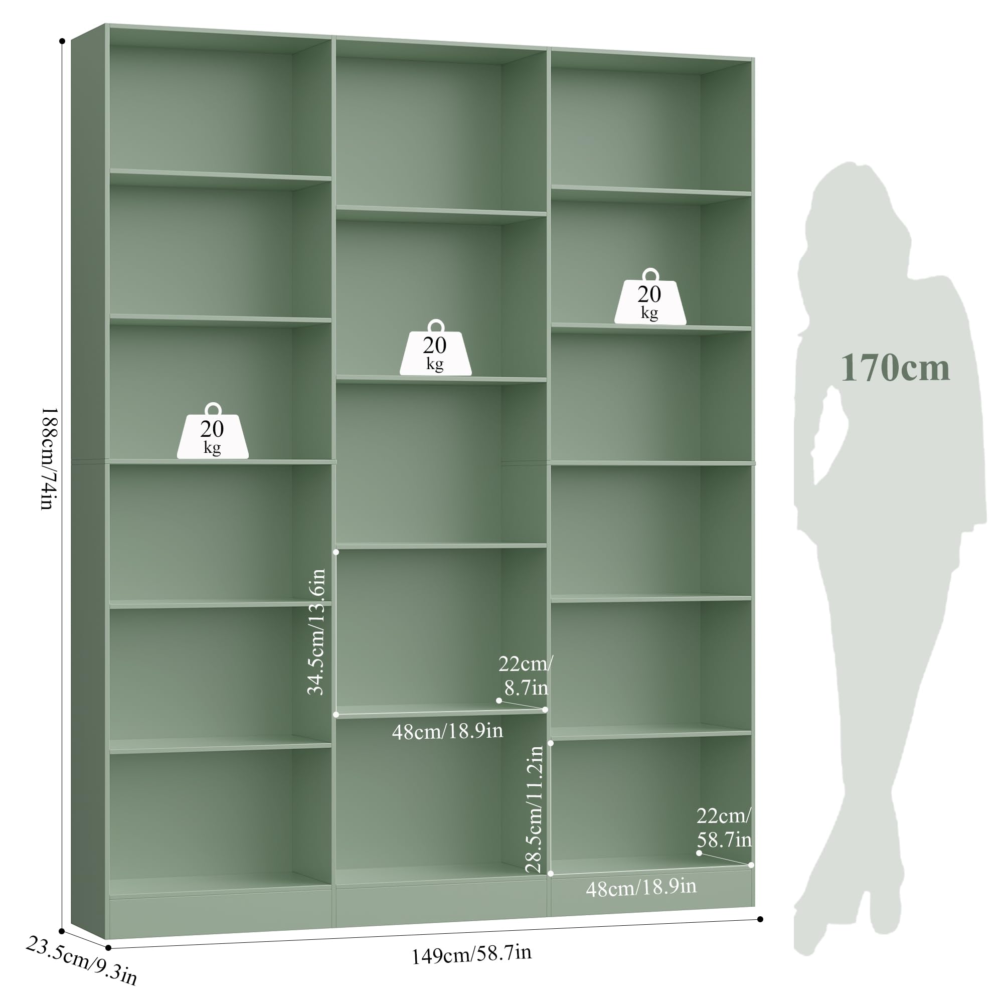 FirFurd 188cm di Altezza Libreria Scaffale, Libreria da Parete a 17 Scomparti Aperti, Scaffale Portaoggetti Aperto, Vetrina, Porta CD per Soggiorno, Studio, Ufficio, 149x23.5x188cm (Verde)