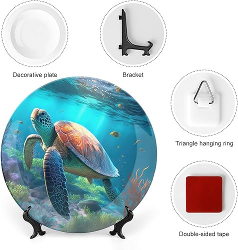 Miniatura 3 de Plato de porcelana de tortuga marina tropical con soporte, platos decorativos de océano costero con tema oceánico, platos de exhibición de cerámica