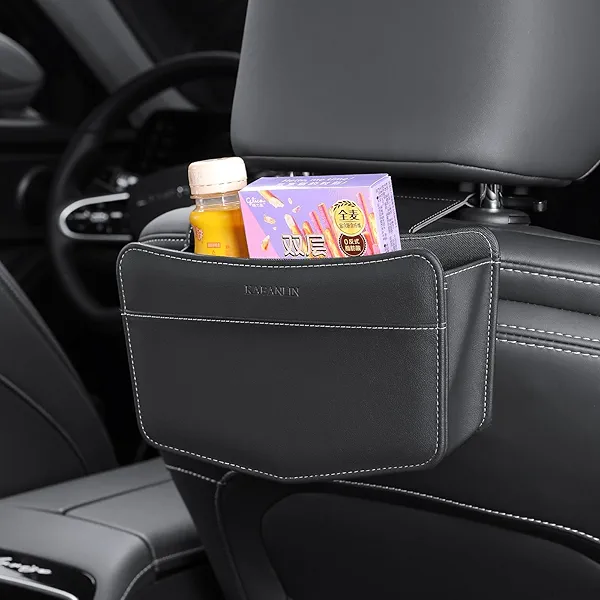 KAFANLIN Car Trash Can small Leather Vehicle Trash Bin Car Dustbin Garbage Organizer Holder with Trash Bag Foldable Mini Cars Storage Bag Container for Auto SUV van trucks (black,hanging hook)