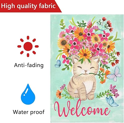 Miniatura 6 de Bandera de jardín de primavera de 12 x 18 pulgadas, vertical, de doble cara, decoración para exteriores, diseño de gato y flor, bandera de arpillera