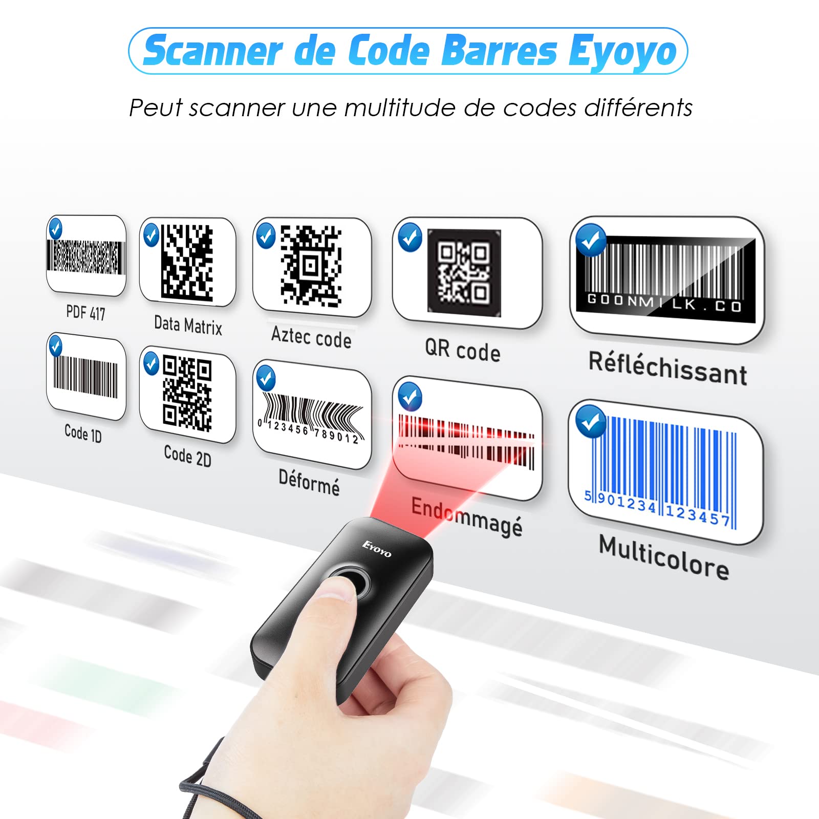 Eyoyo 2D Bluetooth Barcode Scanner, Douchette Lecteur Code Barre sans Fil 1D QR pour iPhone iPad iOS Android PC
