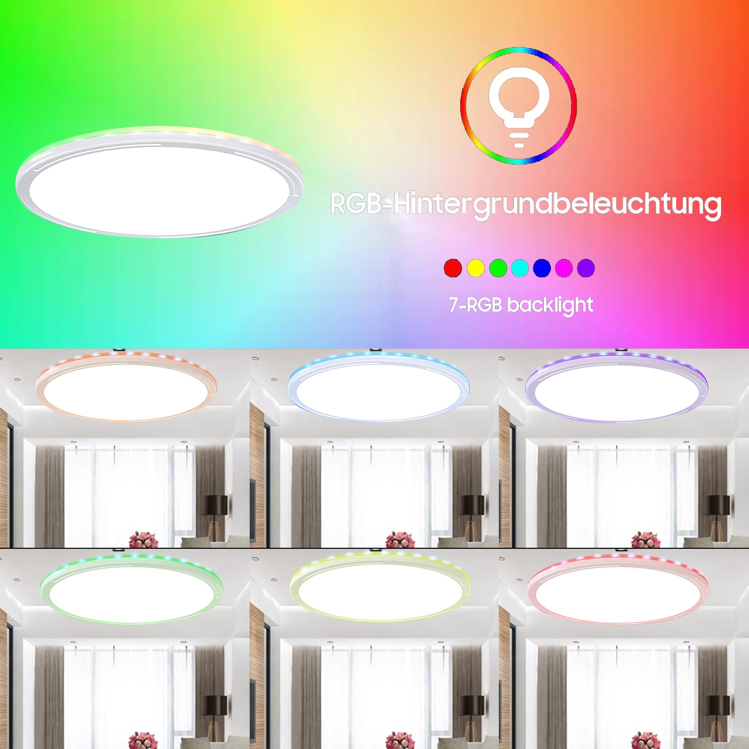RGB Plafoniera LED Soffitto 30W,Dimmerabile Retroilluminazione RGB con Telecomando Luminosità Lampada 3000-6500K,Plafoniere Parete for Soggiorno Camera da Letto Cucina Bagno,Ø30CM