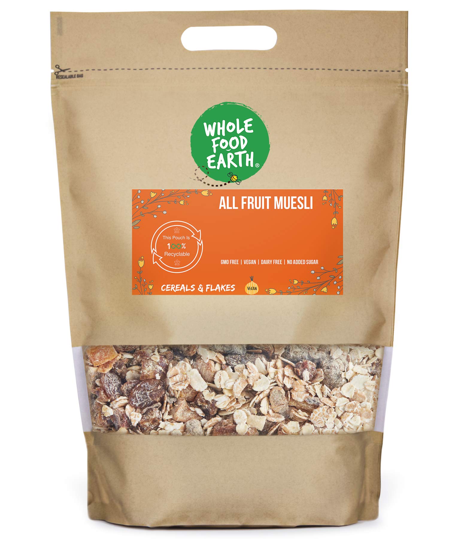 Wholefood Earth All Fruit Muesli - A Blend of Flakes with Dried Fruit 2 kg | GMO Free | High Fibre