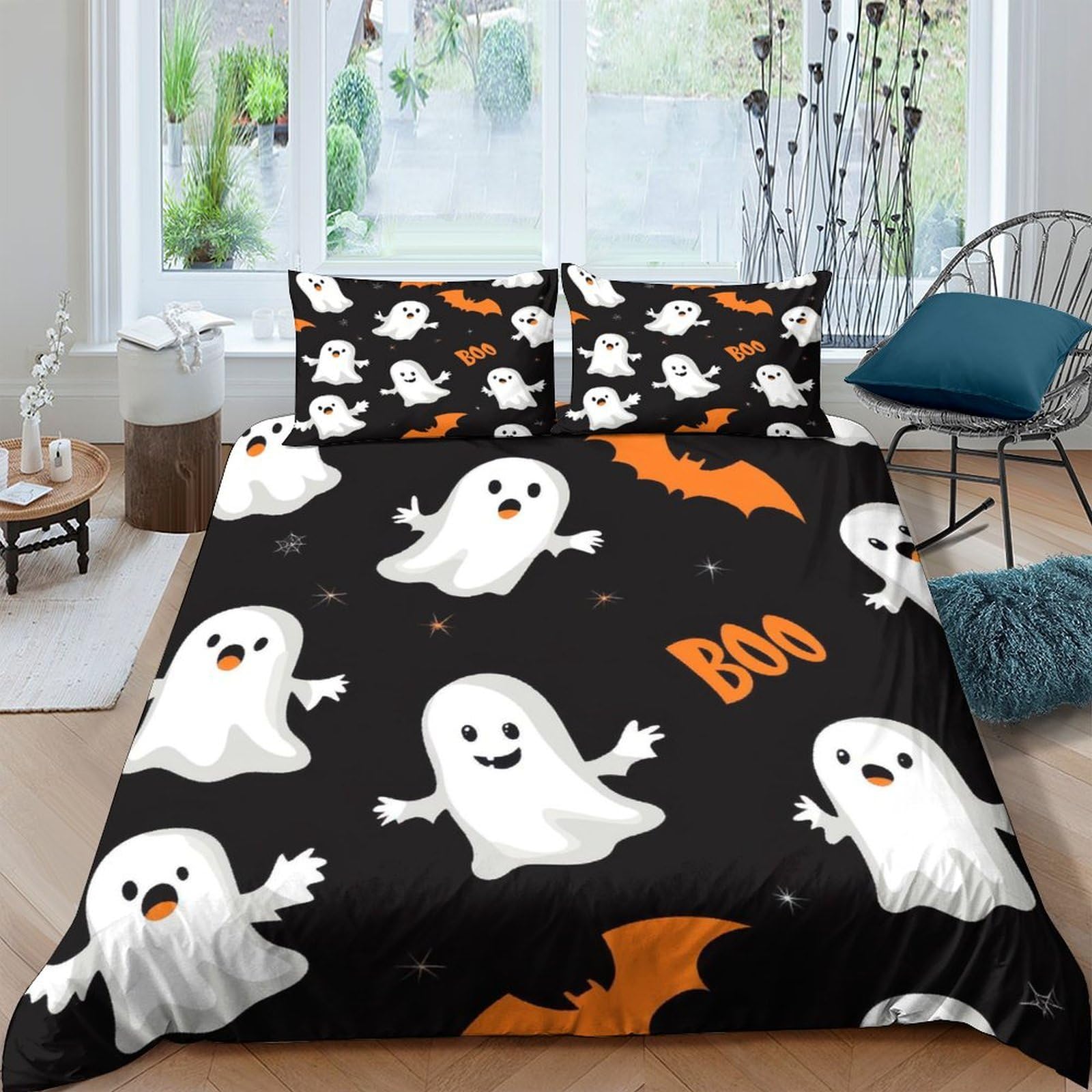 GPLZQXKJNH 3D Printed Halloween Ghost Duvet Cover Set Microfiber Soft Boo Bat Bedding Set with 2 Pillowcases, Breathable for Bedroom Decor Single（135x200cm）