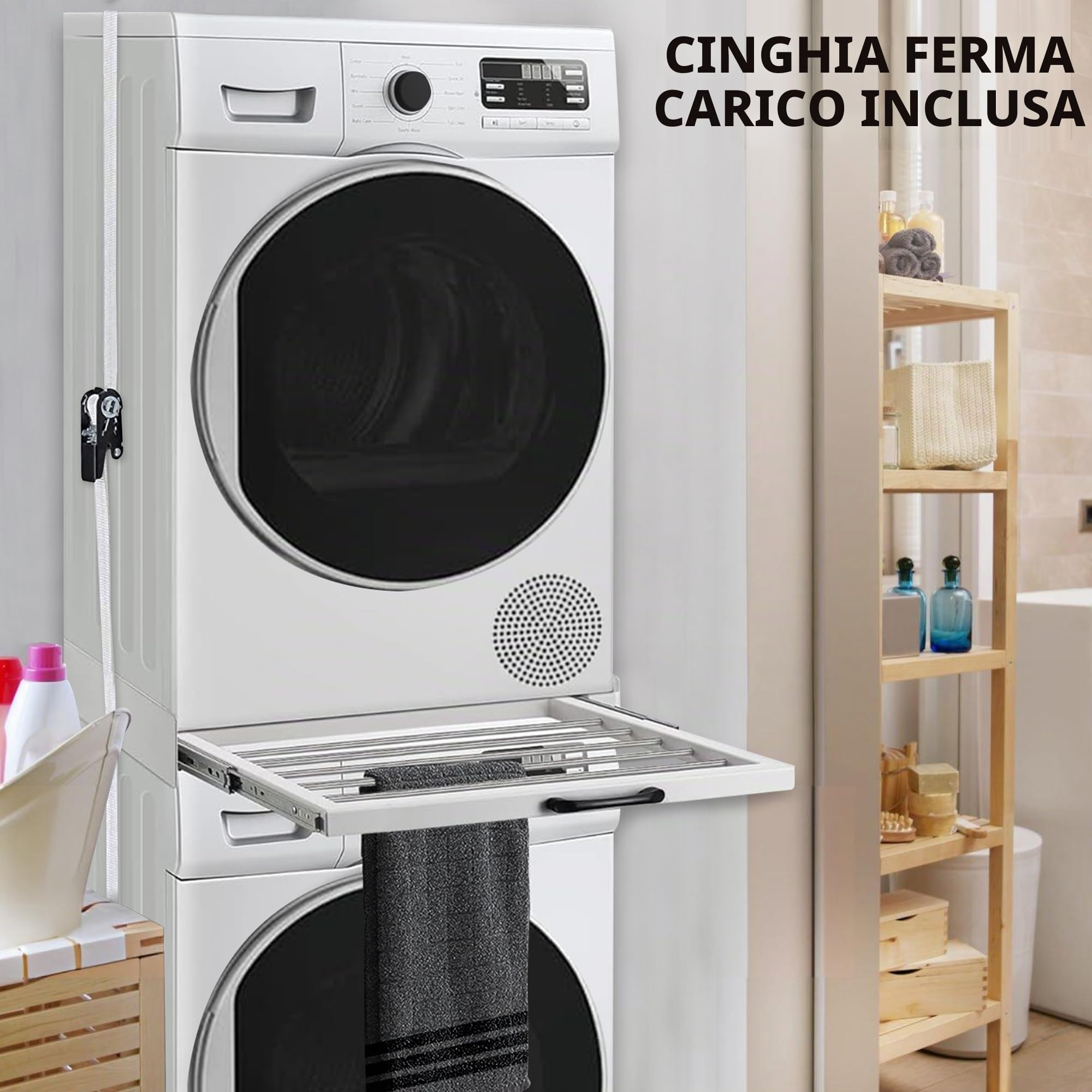 Vonia Telaio di collegamento per lavatrici - Porta asciugamani allungabile - Telaio di collegamento con portasciugamani estraibile - Kit stacking Universale - Con corda a cricchetto (Bianco)
