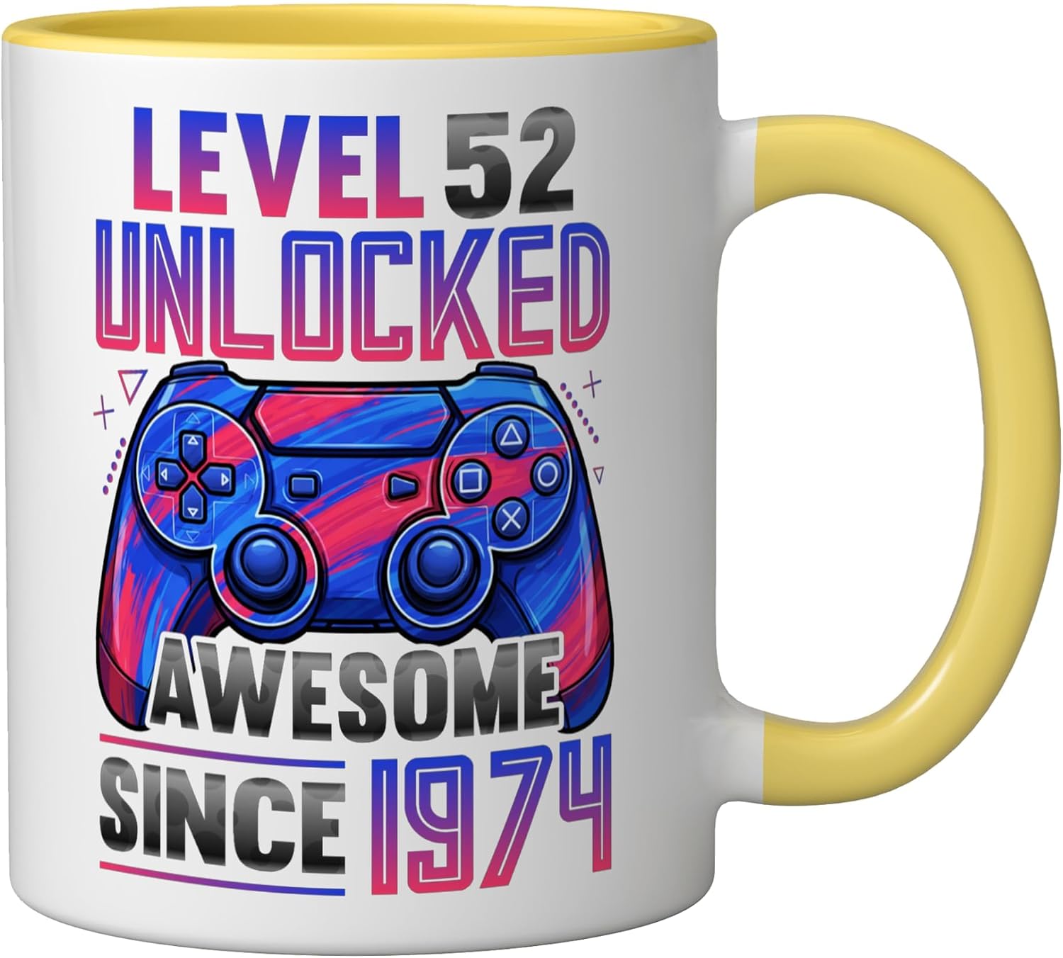 52nd birthday for video gamer Level 52 Unlocked born 1974 Ceramic Mug, Yellow/White, 11oz image 2