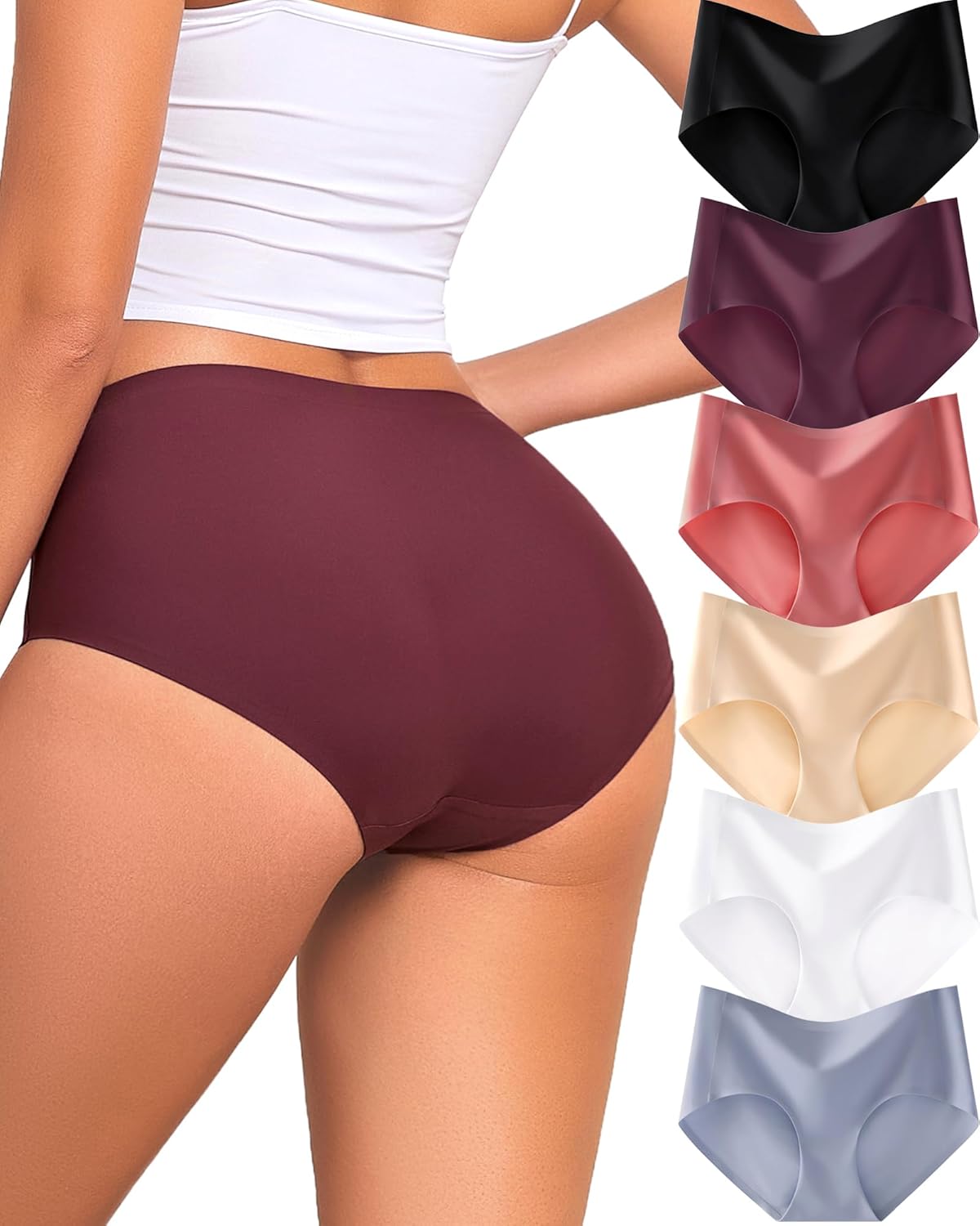 FINETOO 6 Pack Womens Seamless Underwear Full Coverage No Show Hipster Panties Mid Rise Stretchy Invisible Briefs