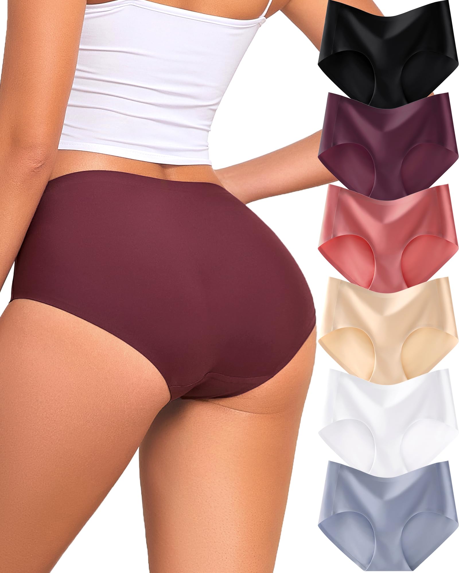 FINETOO 6 Pack Womens Seamless Underwear Full Coverage No Show Hipster Panties Sexy Stretchy Invisible Briefs Bikini Lingerie