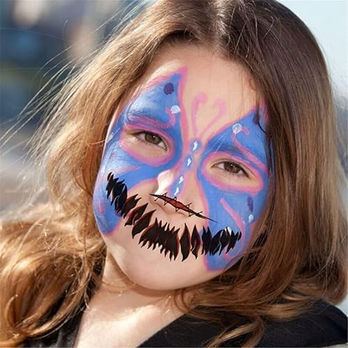 Miniatura 6 de Maquillaje de broma de Halloween, tatuaje temporal, tatuaje de cara de boca grande aterradora, herida de cicatriz, sangrado de sangre para niños,