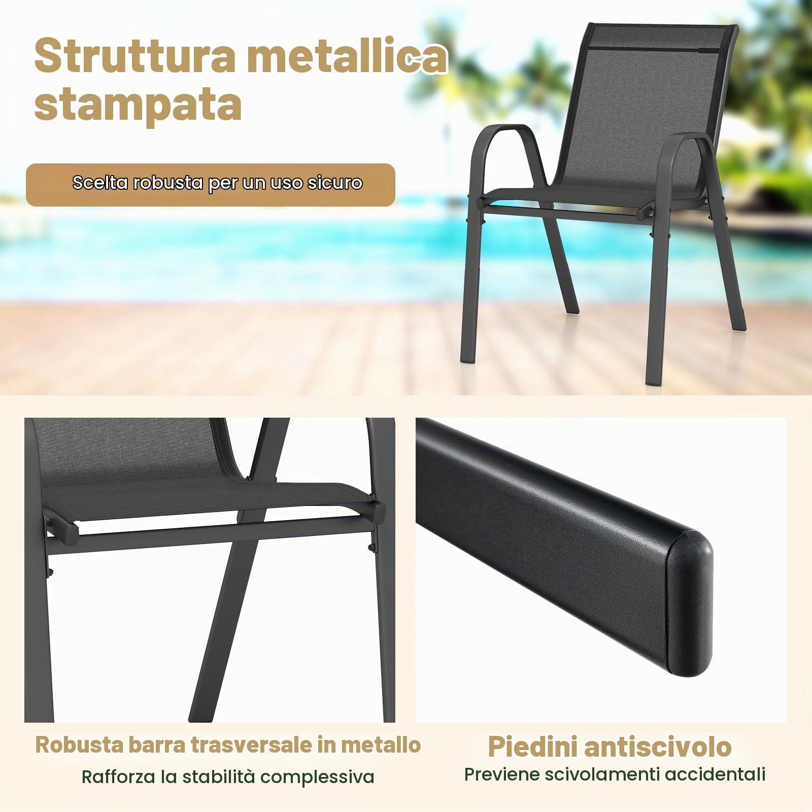 FANTASK Set di 4 sedie da giardino, impilabili, portata fino a 150 kg, sedie da balcone in textilene e struttura in metallo, 56 x 70 x 84 cm, colore nero