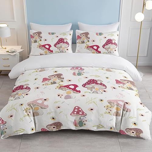 Miniatura 1 de Juego de ropa de cama con diseño de hongos rojos para niñas y mujeres, funda de edredón de hongos salvajes y hongos botánicos con hojas y hongos